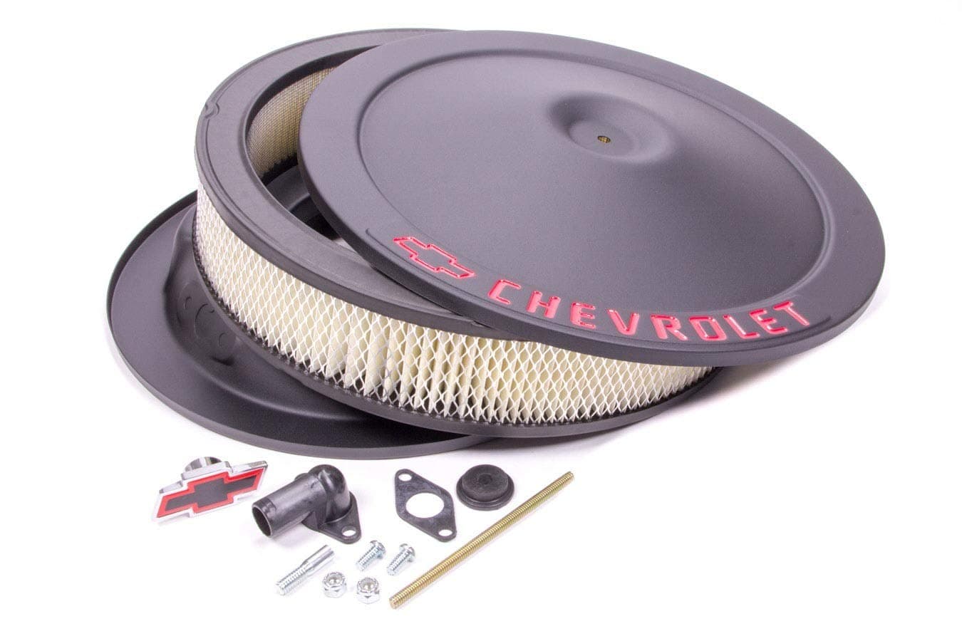Air Cleaner Assembly, Classic, 14 in Round, 3 in Element, 5-1/8 in Carb Flange, Drop Base, Red Chevrolet Logo, Steel, Black Crinkle, Kit