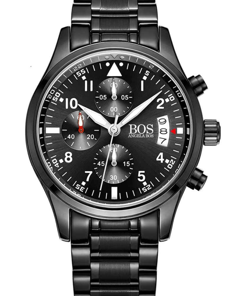BOS Sport Mens Quartz Watch with Black Dial Chronograph Display and Stainless Steel Bracelet