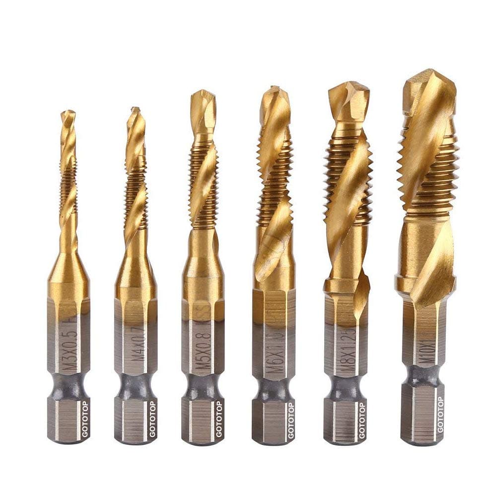 6Pcs Metric Thread Tap M3-M10 Titanium Coated Hss Drill And Tap Bits 1 4" Hex Shank Screw Taps Tool Set