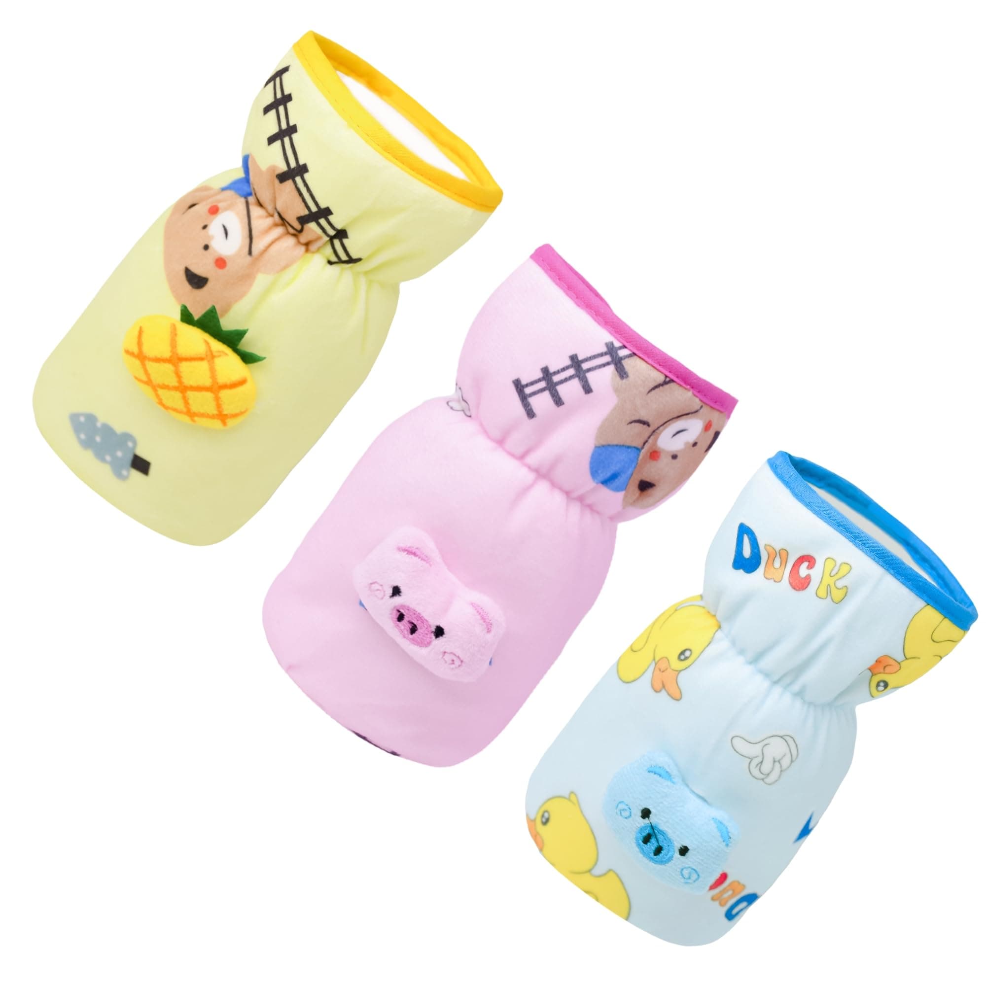 THE LITTLE LOOKERS Soft Plush Stretchable Baby Feeding Bottle Cover with Easy to Hold Strap | Cute Animated Overall Print Pack of 3(Multicolor, Wide Neck 240-330ml/8-11OZ)