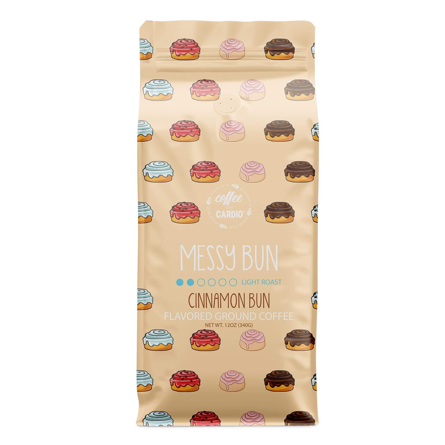 Coffee Over Cardio Messy Bun Cinnamon Bun Flavored Ground Coffee, High-Grade Aribian Light Roast Coffee Grounds (12 oz)