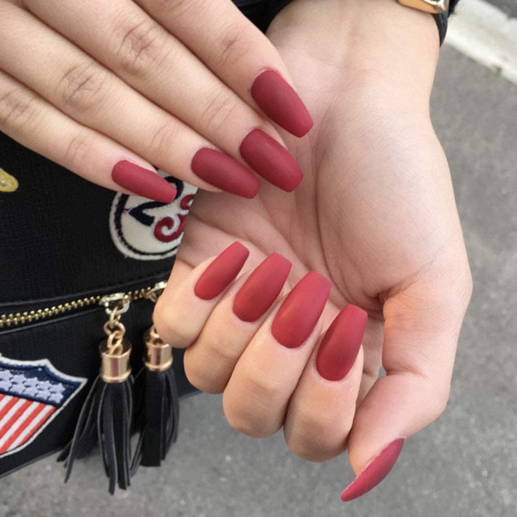 Evazen 24Pcs Different Color Coffin Nails Matte Finishi Coffin Ballerina Pre-Design Full Cover Medium Ballerina False Nails Art Tips for Women (Red)