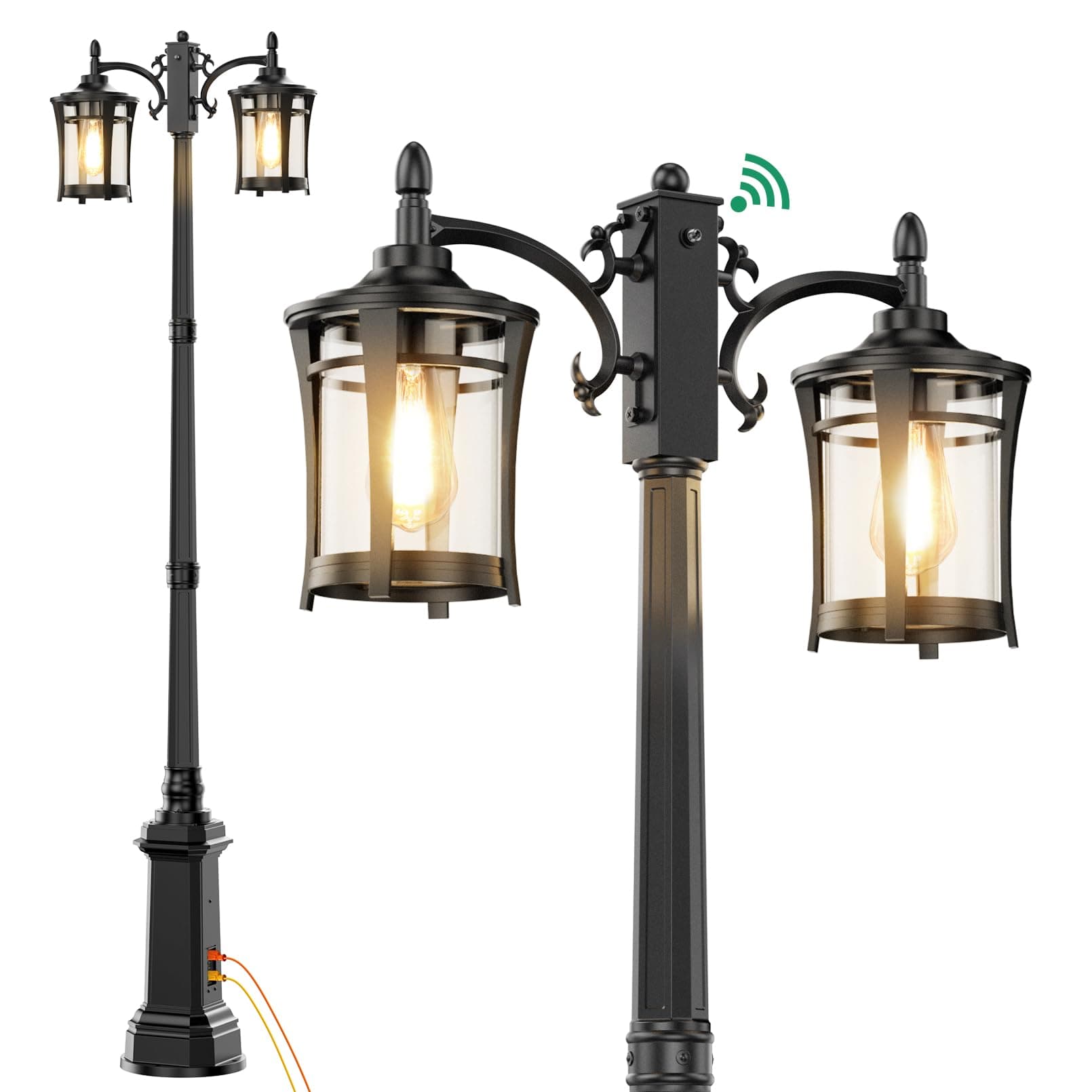 Lamomo Outdoor Lamp Post Lights with GFCI Outlet, Dusk to Dawn Lamp Posts Outdoor Lighting, Aluminum Double-Head Light Fixture Outside, Waterproof Pole Lamp for Street, Garden, Patio, Pathway Black