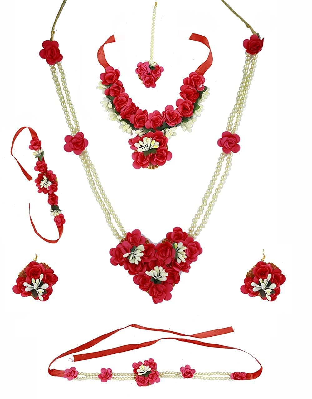 Anuradha Art JewelleryAnuradha Art® Red Colour Artificial Flower jewellery Combo Set | Artificial Flower jewellery | Floral jewellery For Woemn | Mehndi, Haldi,Baby Shower jewellery Set