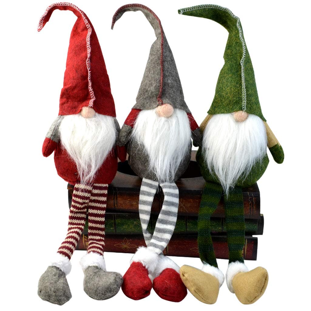 Yolyoo 3pcs Handmade Christmas Gnome Decoration,Swedish Santa Gnome Tomte,Swedish Figurines Sitting Long-Legged Christmas Hanging Decorations