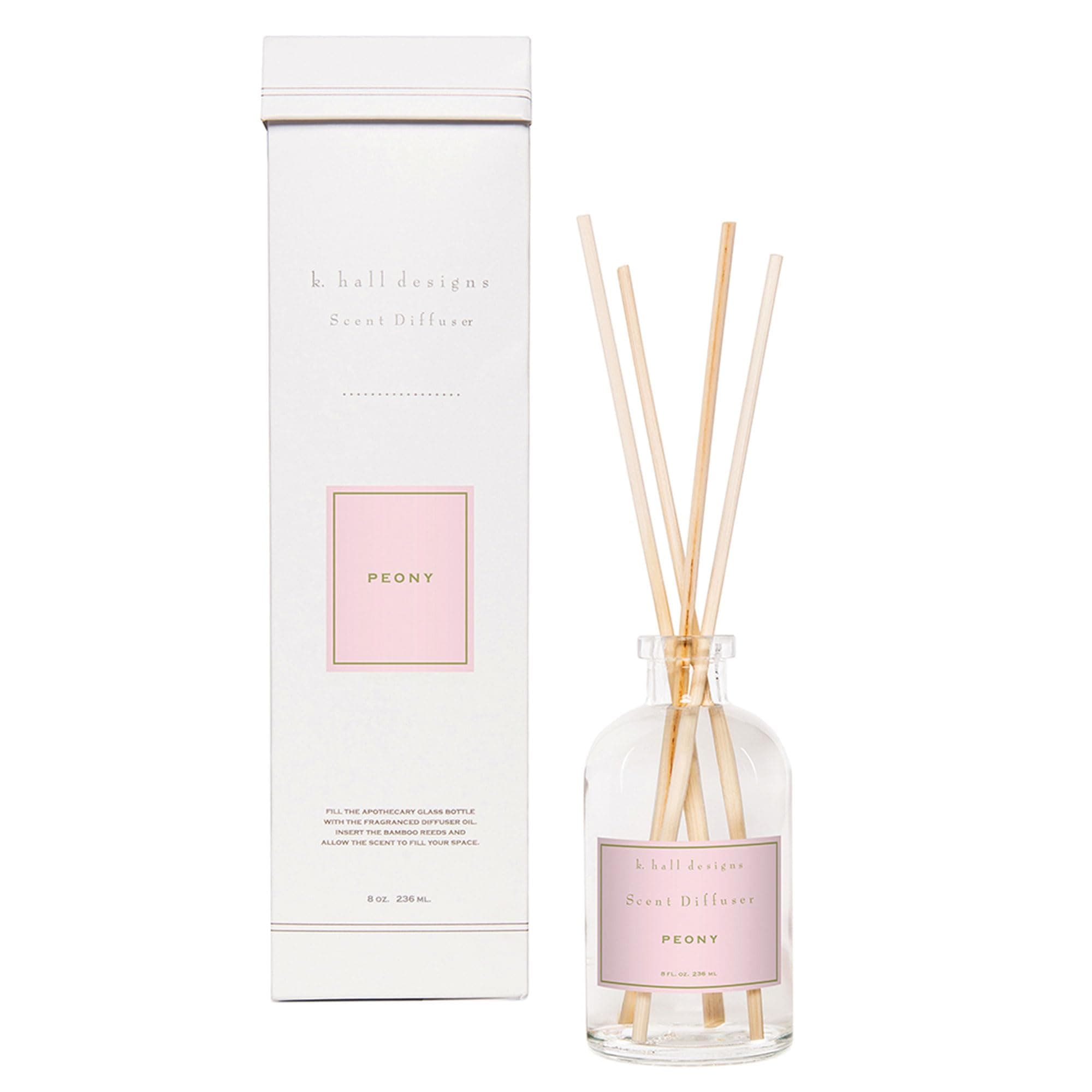 K. Hall Designs Peony Boxed Diffuser Kit, Sweet Peony Scent with Watery Notes, Reed Diffuser Set for Home, Long Lasting Aroma Diffuser, Refillable, 8 fl oz