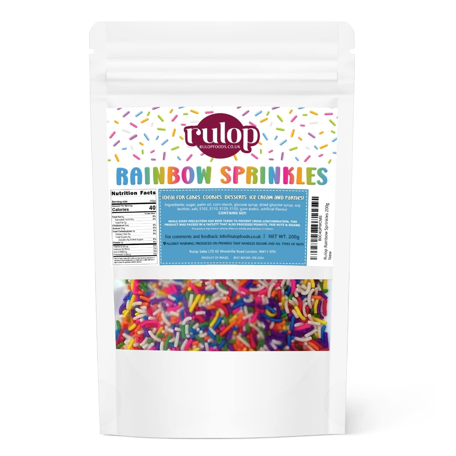 Dairy Free Rainbow sprinkles 200g, Colourful Sugar Strands That Are a Tasty and Exciting Option For Topping Cakes, Ice Cream and Cookies (Pack of 1)