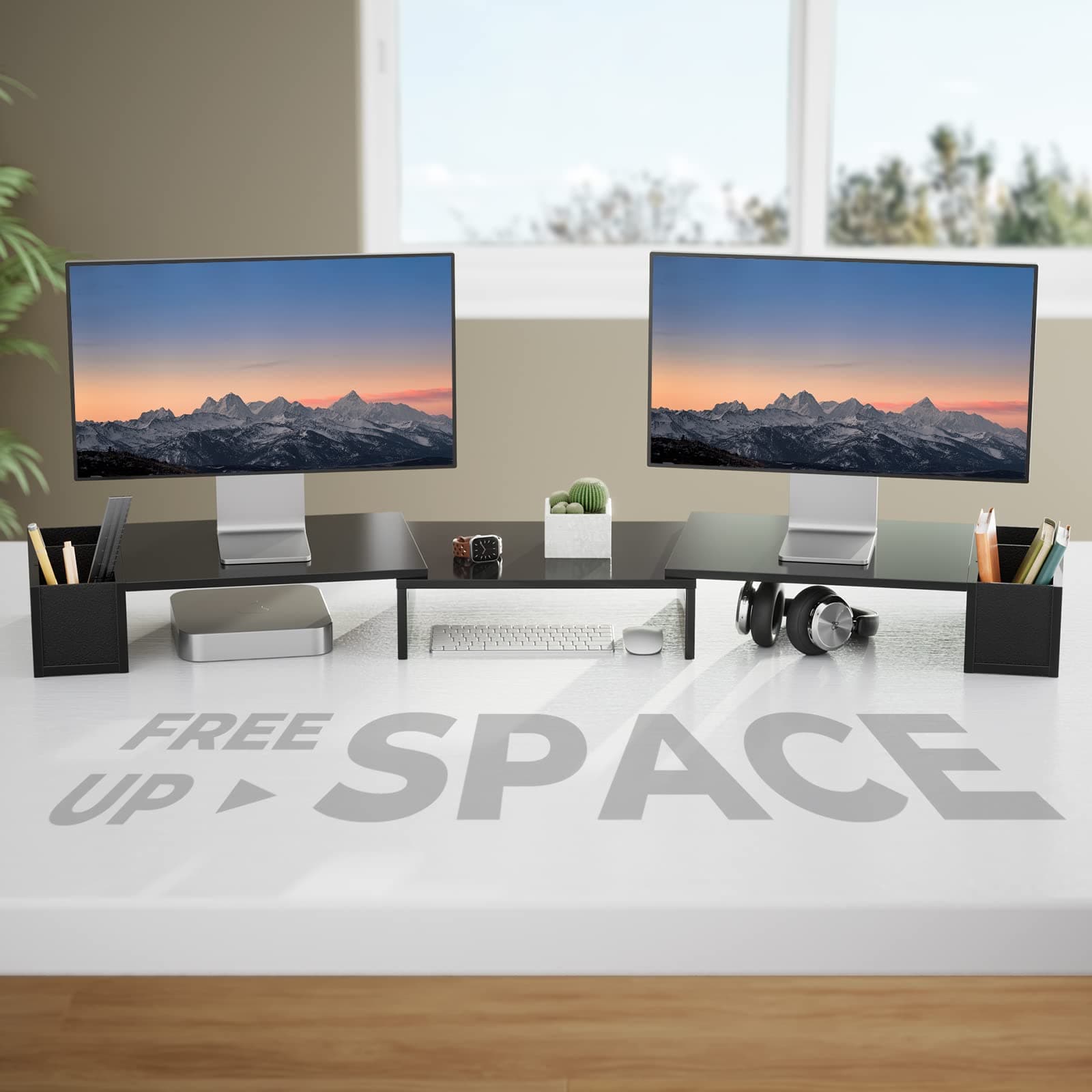 LORYERGO Dual Monitor Stand, Laptop Stand with Storage Accessories Slots, Length and Angle Adjustable, Ergonomic Viewing Height