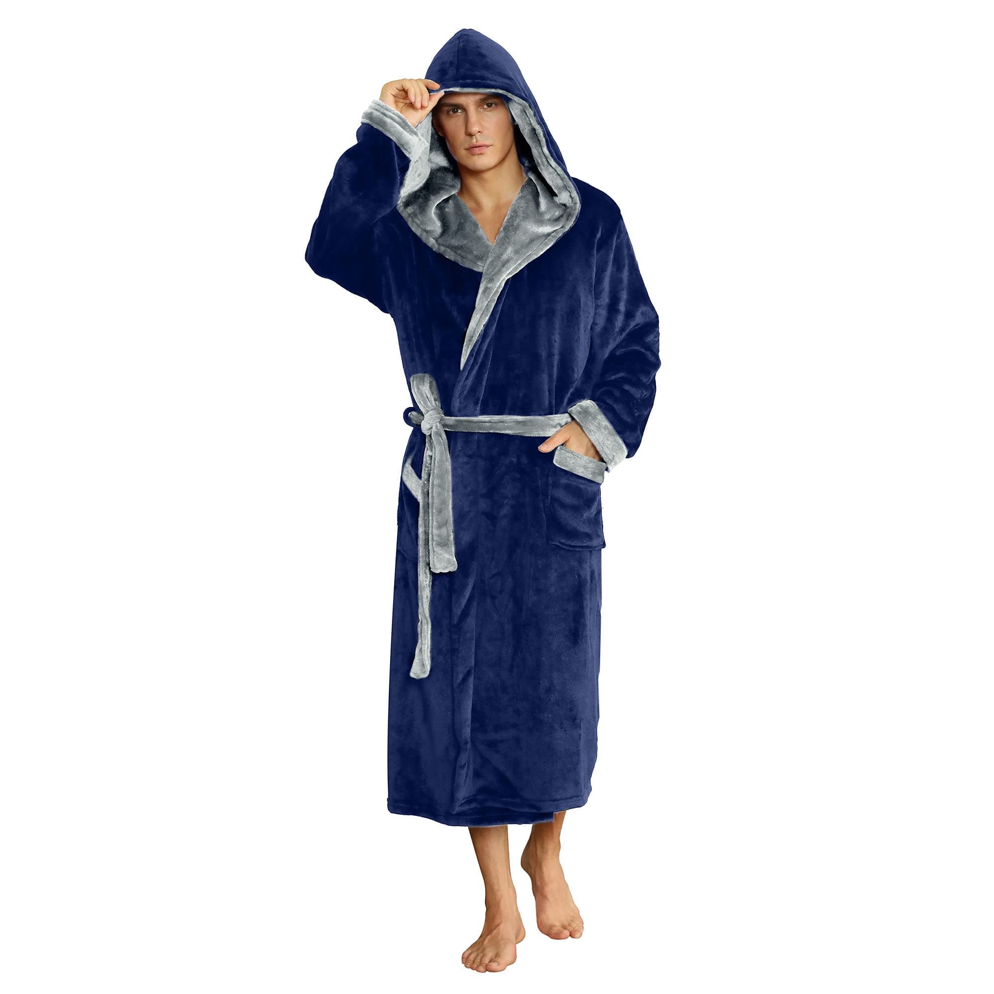 U2SKIIN Mens Hooded Robe, Plush Robes for Men Long Fleece Bathrobe, Navy/Light Grey, Small-Medium
