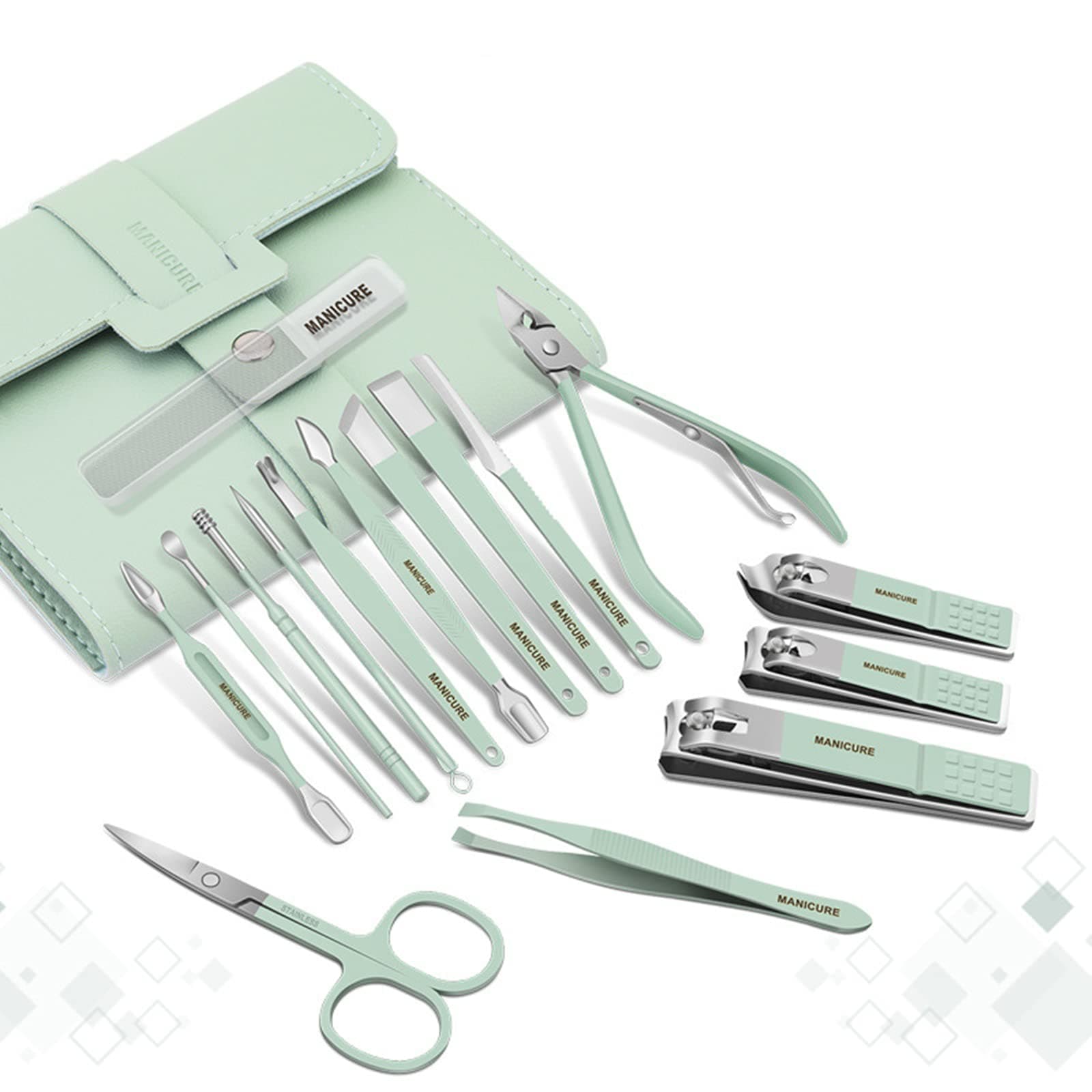 LFFY Nail Clippers Portable Set - Manicure Set 12-16pcs/set Stainless Steel Nail Clippers Set With Folding Bag Manicure Cutter Kits Scissors Makeup Beauty Tool (16PCS/SET, Green)