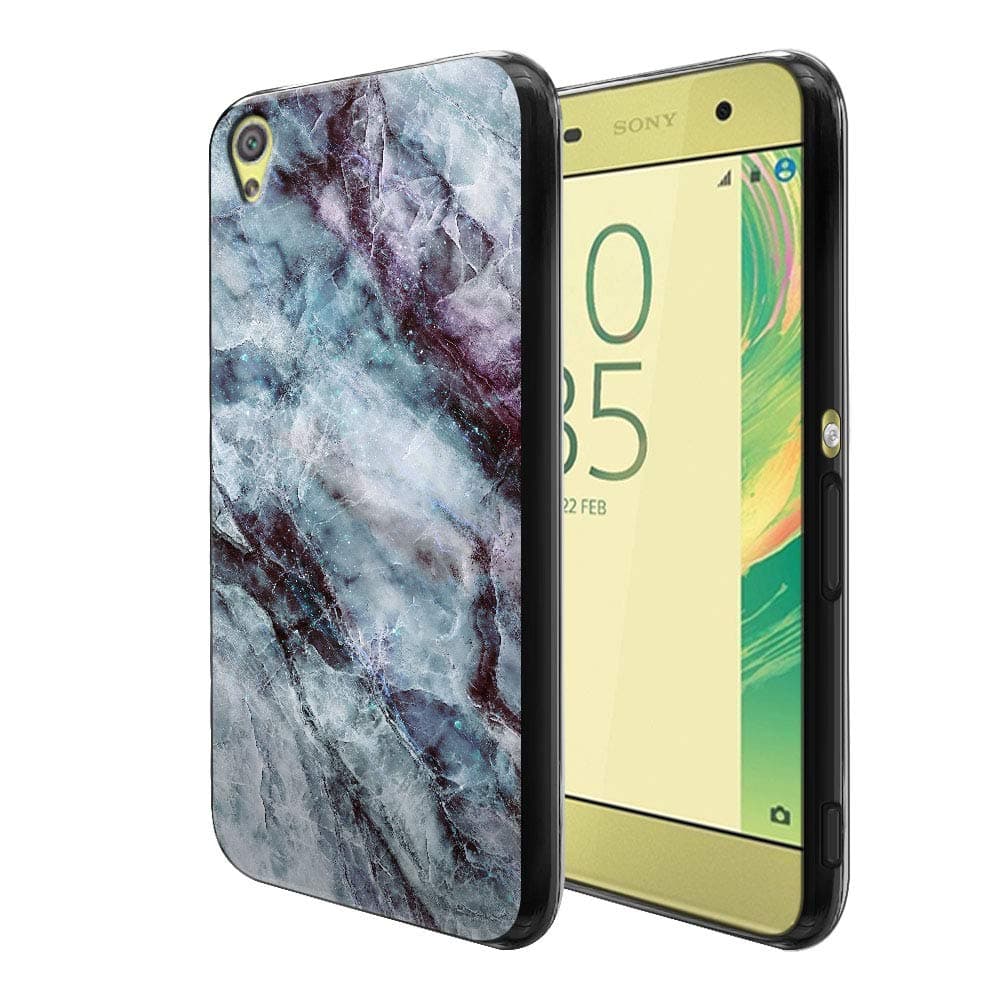 FINCIBO Case Compatible with Sony Xperia XA F3111 F3112 F3113 F3115 F3116, Flexible TPU Black Soft Gel Skin Protector Cover Case for Xperia XA - Nebula Blue Black Marble