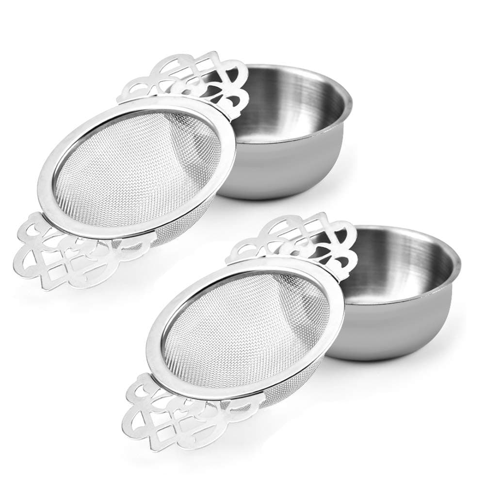 Picowe 2 Pack Tea Strainer Bowl, Stainless Steel Sliver Tea Strainers for Loose Tea Fine Mesh for 2.5-4 Inch Cup Mouth