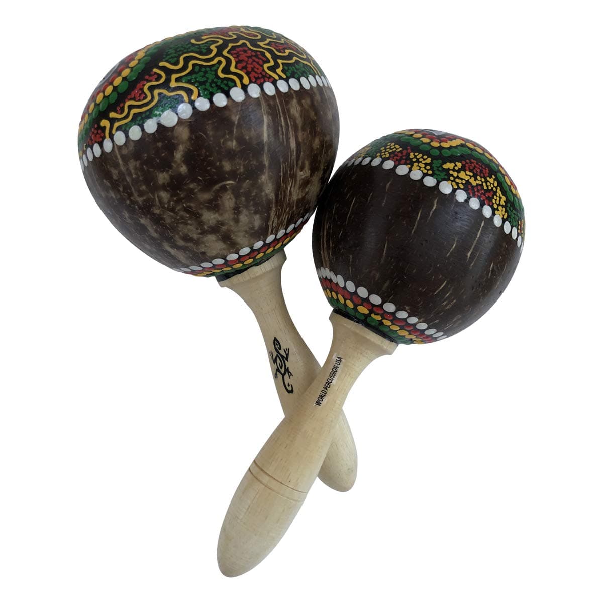 World Percussion USA Large Coconut Maracas Shaker Pair (2) - musical instrument rattle - Painted design, stained handle