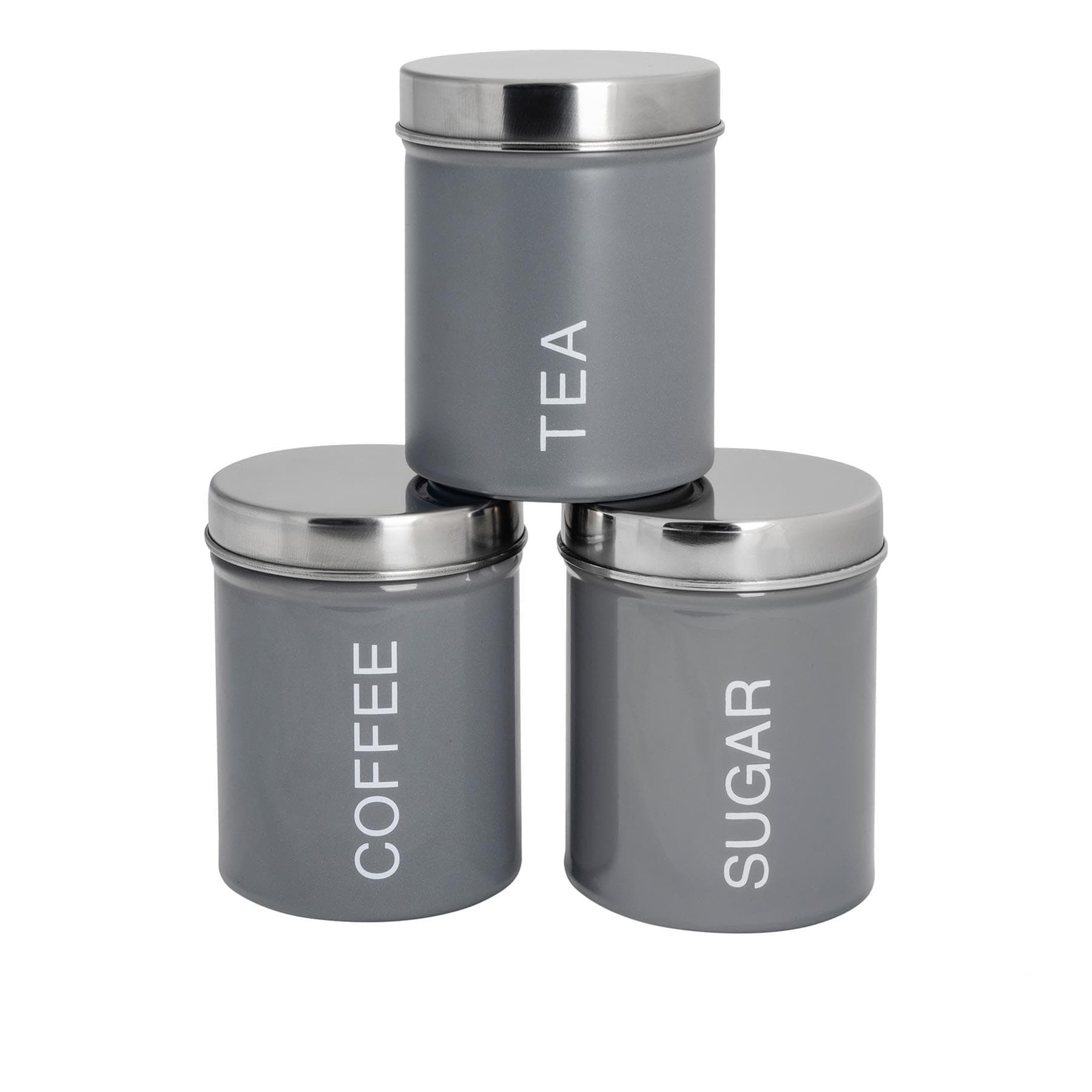 Harbour Housewares Metal Tea Coffee Sugar Canister Set - Grey - 3pc Round Retro Food Storage Preservation Canister Caddy Container Tin with Airtight Fit Lid for Kitchen Organisation & Home Décor