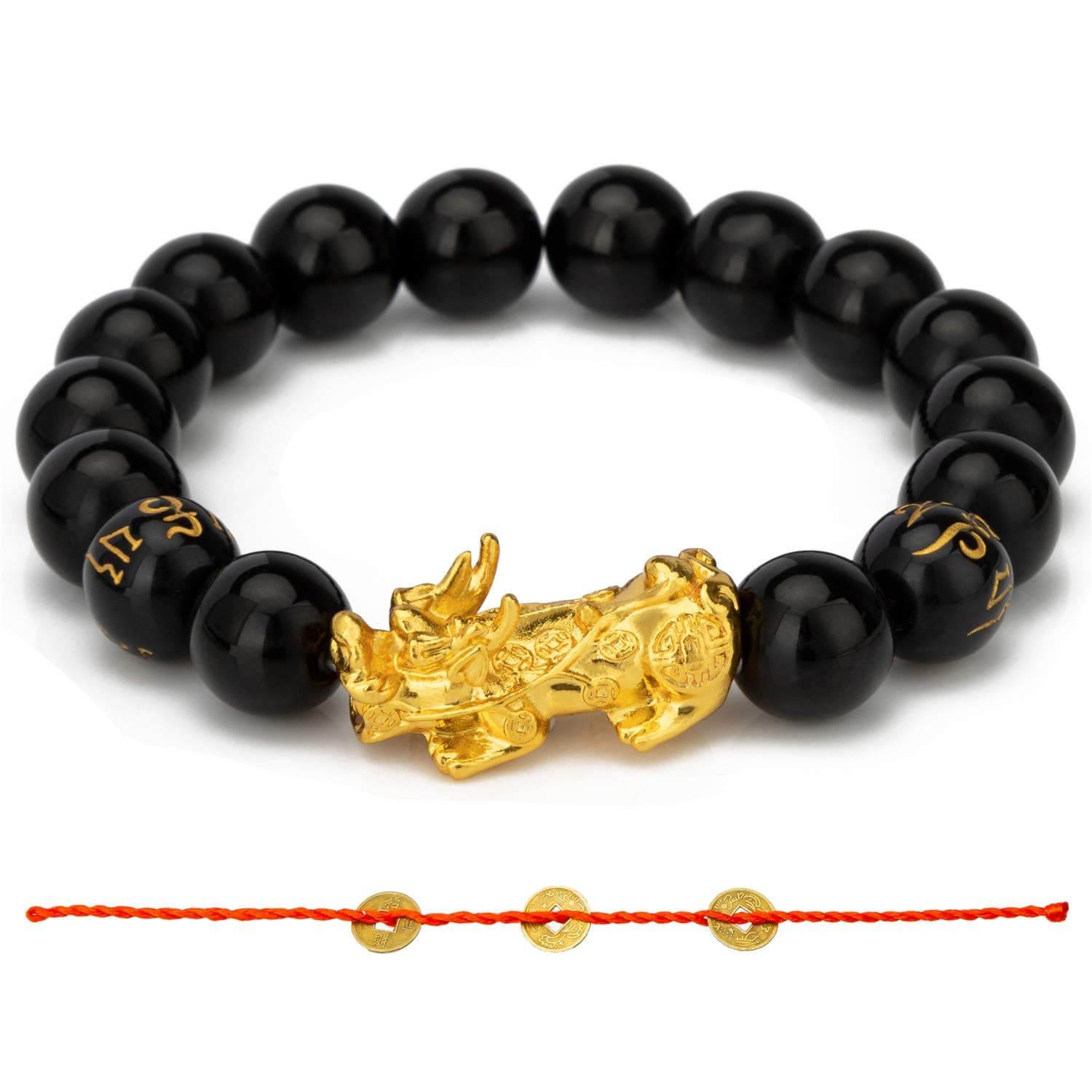 Prime Fengshui Porsperity Feng Shui Black Bead Bracelet with Gold Plated Pi Xiu/Pi Yao Attract Wealth and Good Luck, Stone
