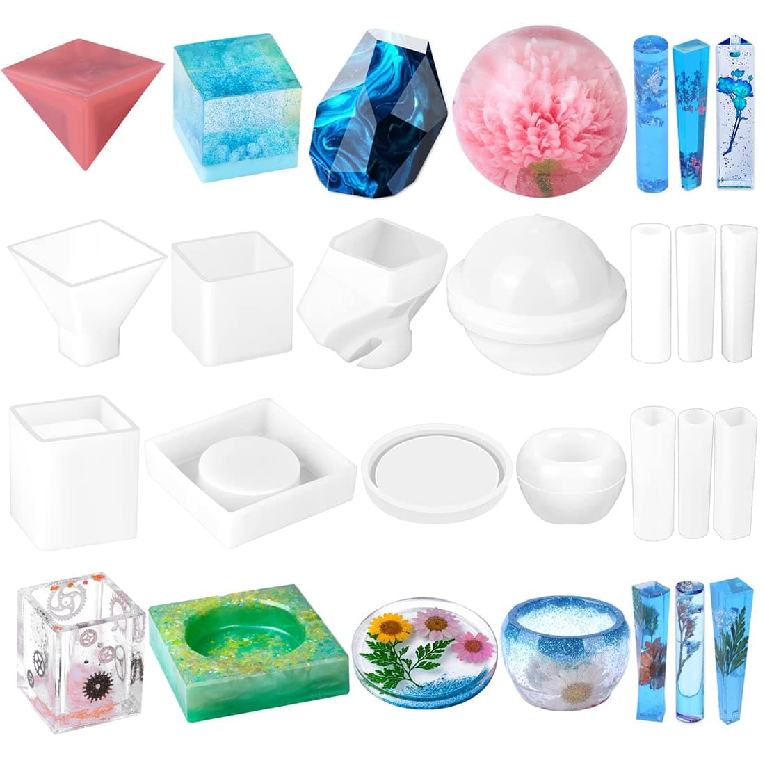 Resin Molds Silicone Kit, Dyroubo 15pcs Epoxy Resin Casting Molds for DIY Ashtray Pyramid Coasters Plant Pot Crystal Ball Pen Holder Stone & Pendant Silicone Resin Molds, Bonus 12 Decorative Sequins