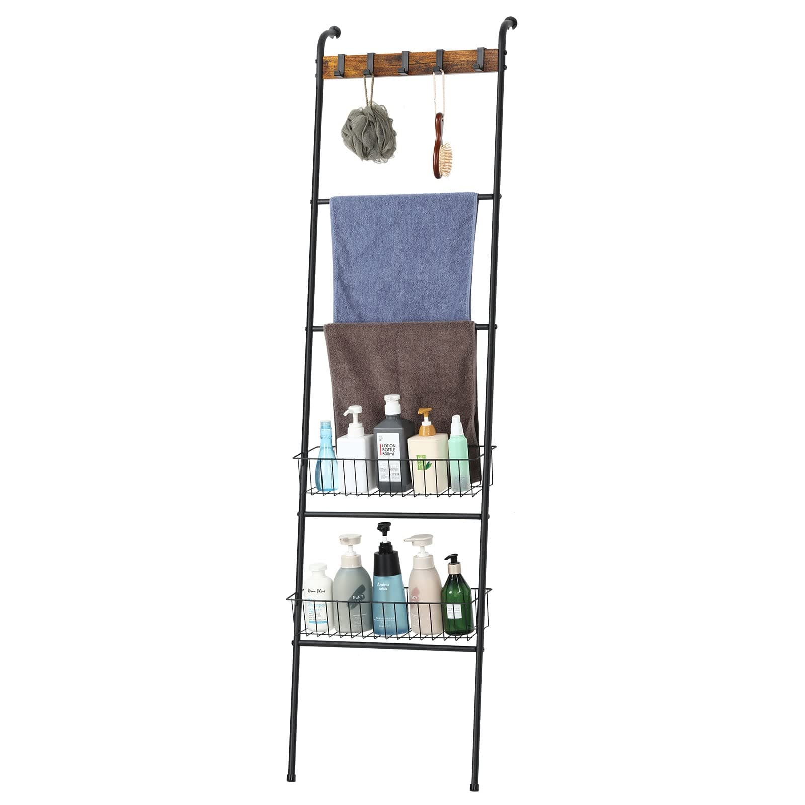 Blanket Ladder Shelf with Storage Baskets 5 Tier Metal Towel Blanket Rack Wall Leaning Decorative Towel Ladder with Removable Hooks for Bathroom Living Room Bedroom,Black