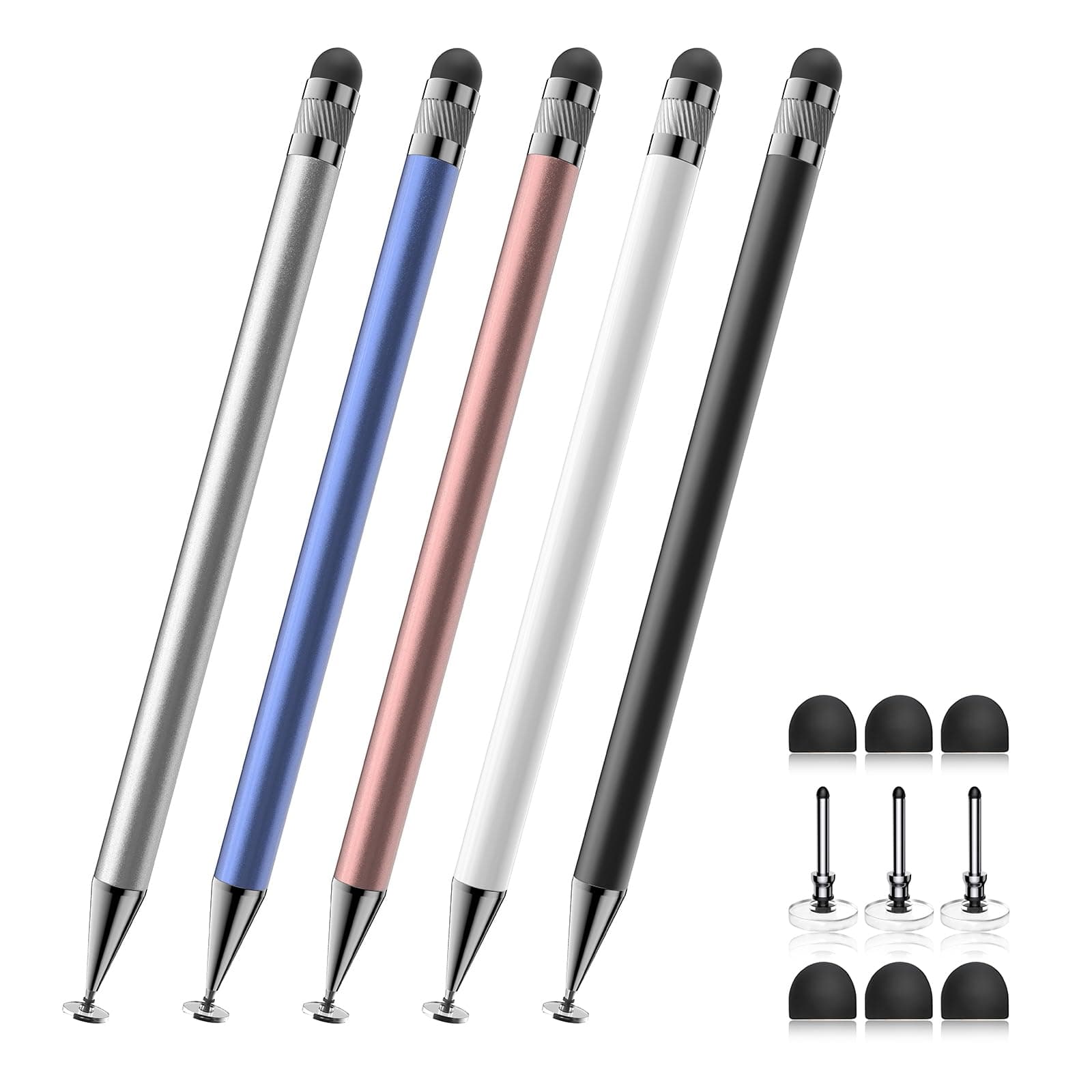 Bopomofo Stylus Pen (5pcs), 2 in 1 Stylus Pen, High Precision and Sensitivity for iPhone/iPad/Android Tablet, Compatible with All Touch Screens (Black/White/Blue/Rose Gold/Silver)