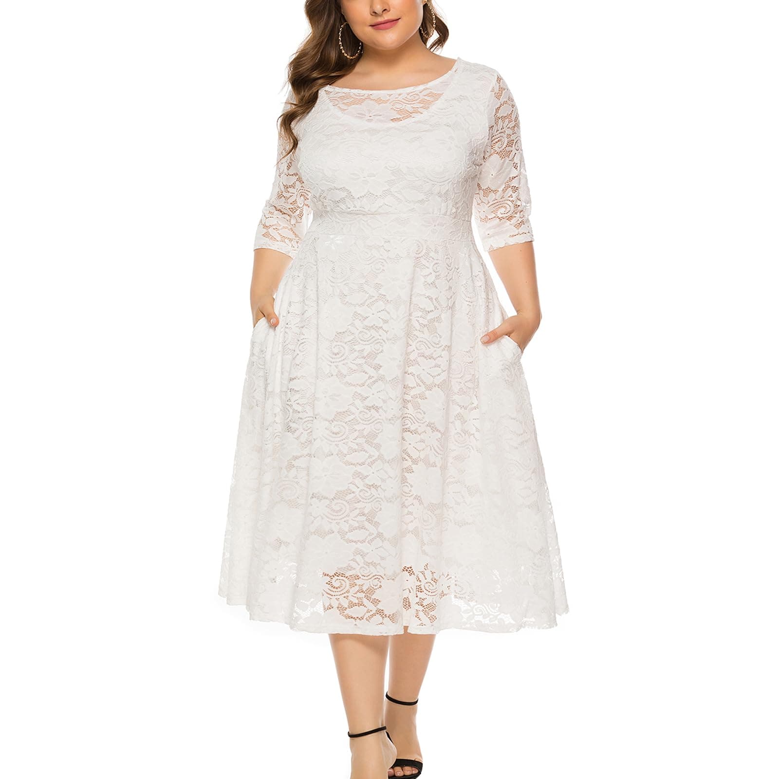Womens Floral lace Plus Size Midi Dress Scooped Neckline Cocktail Party Dresses