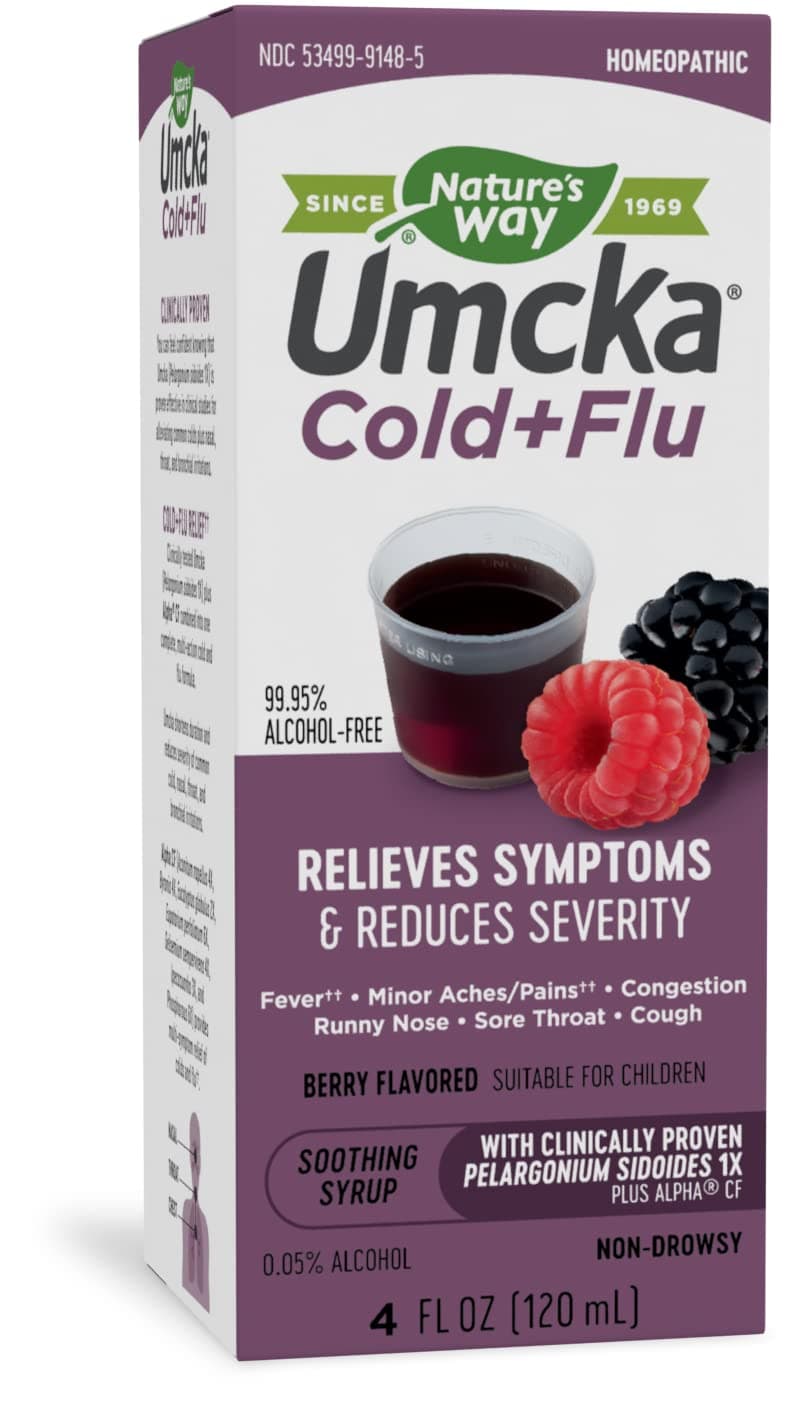 Nature's Way Umcka Cold+Flu Homeopathic, Fever**, Sore Throat, Cough, Congestion, Minor Aches/Pains** , Phenylephrine Free, Non-Drowsy, Berry Flavored, 4 Fl. Oz. Syrup