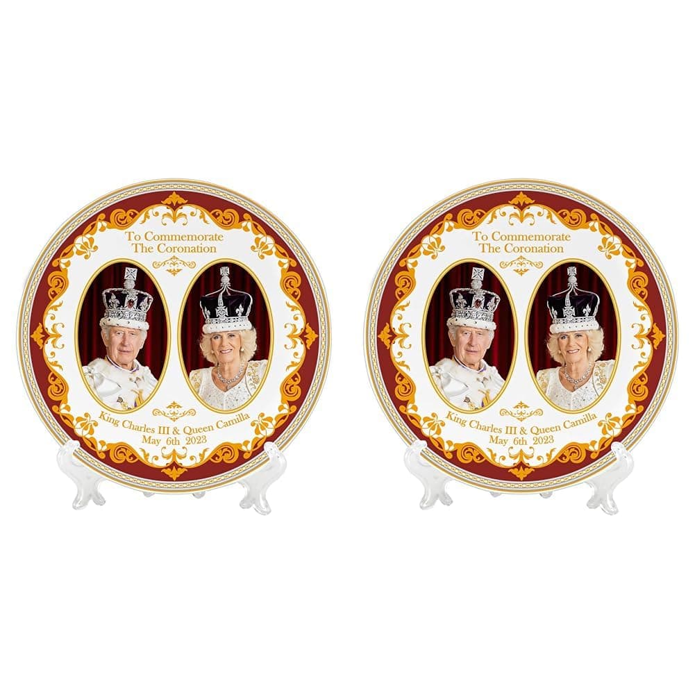 The Leonardo Collection His Majesty King Charles III & Queen Camilla Coronation Commemorative Plate with Stand Gift, Multicolour, one Size (Pack of 2)