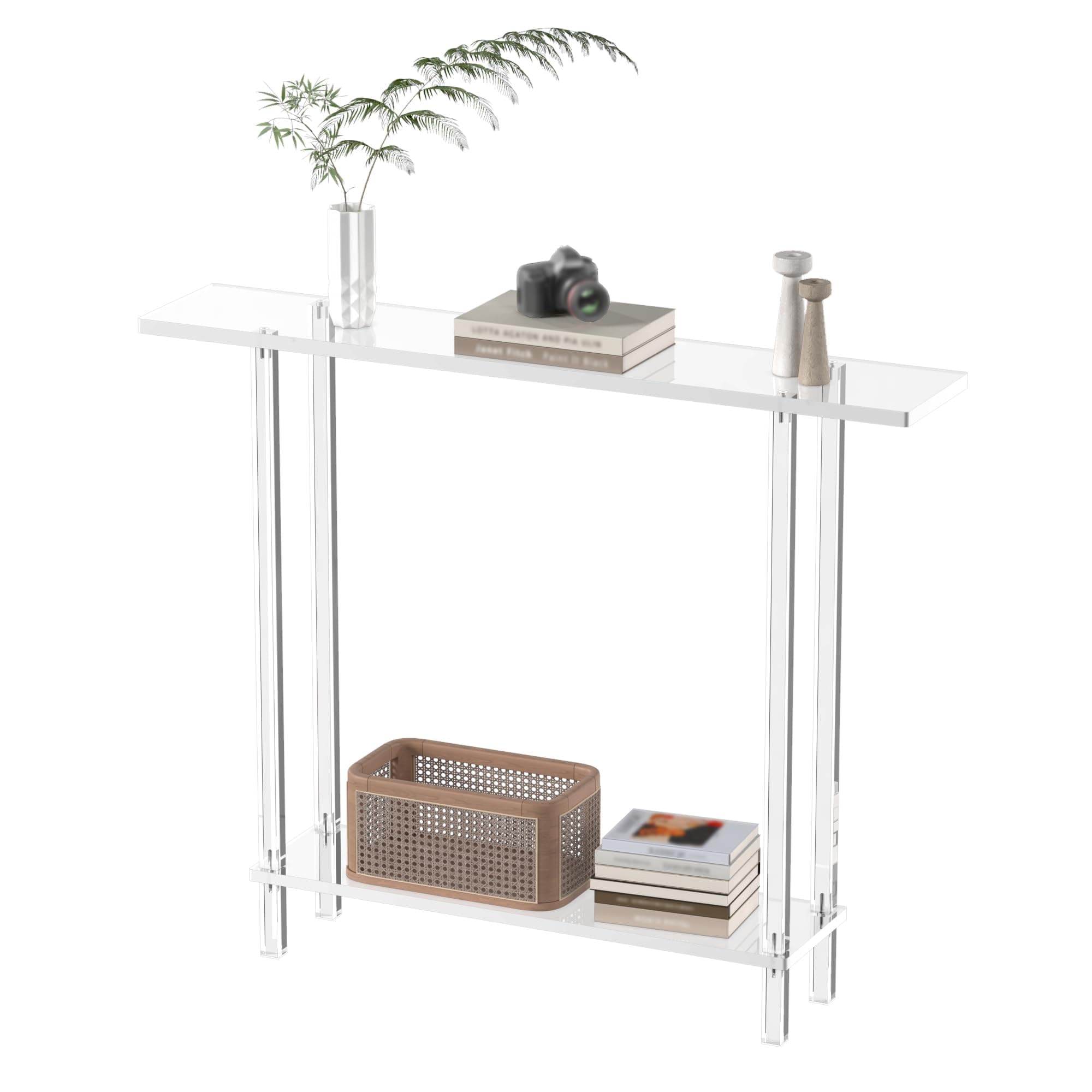 Acrylic Narrow Console Table for Entryway, 7.6" D x 39.4" W x 31.5" H, Square Legs, Skinny Entry Table for Sofa, Foyer, Hallway, Living Room, Modern, 2-Tier, Clear
