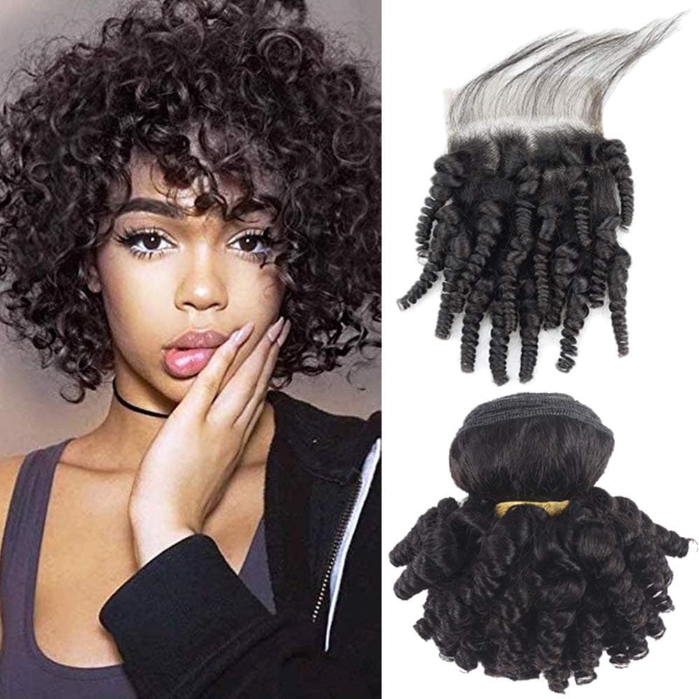Kaibeilu Funmi Human Hair Bundles With Closure Aunty Bouncy Curl Hair Afro Kinky Curly Hair Weave With Closure Short Bob Hairstyles Spring Curls Brazillian Hair Extensions (F12 12 12+12inch Closure)