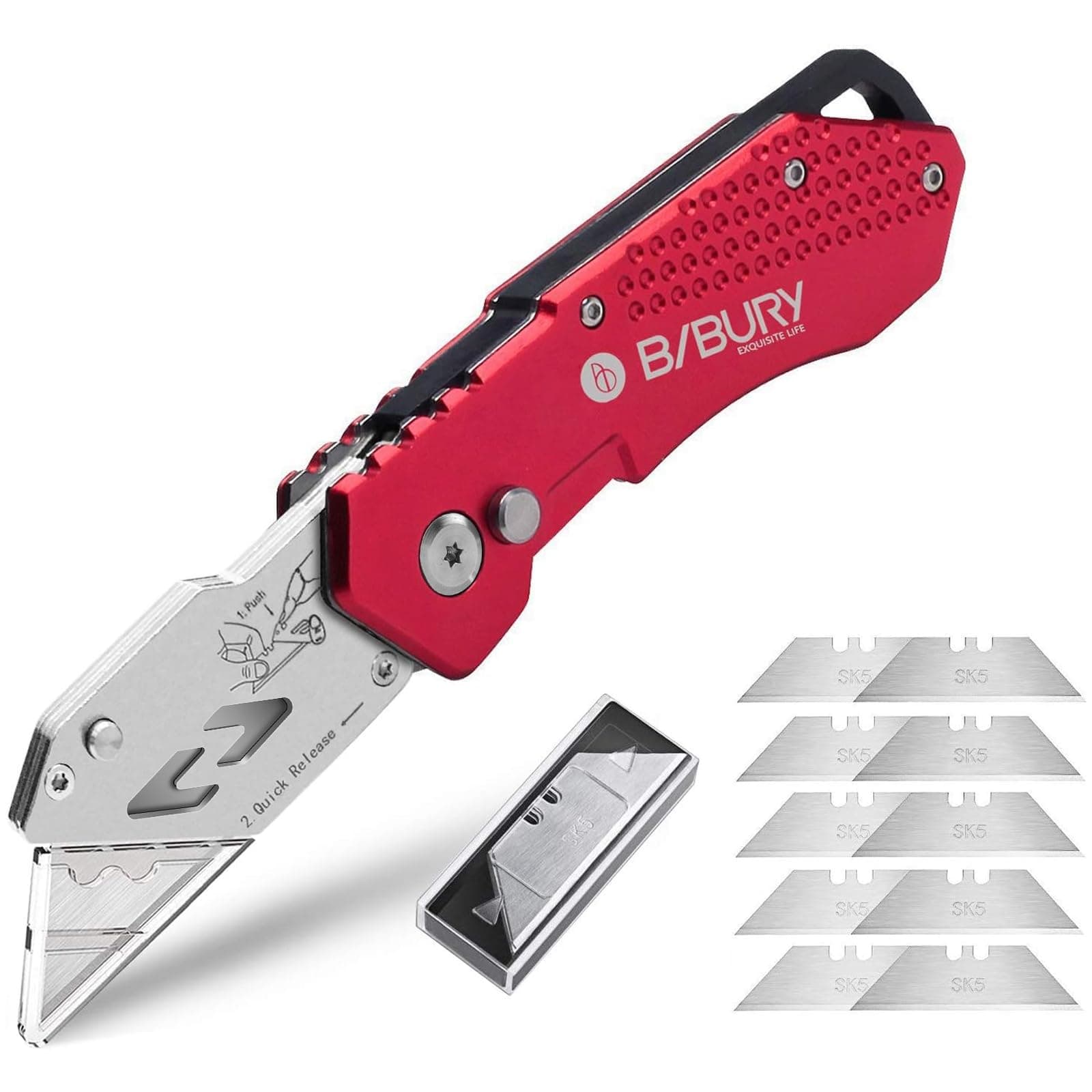 BIBURY Multifunctional Utility Cutter, Heavy Duty Box Cutter, Pocket Carpet Cutter with 10 Replaceable SK5 Stainless Steel Blades, Belt Clip, Easy Release Button, Quick Change - 3rd Generation Red