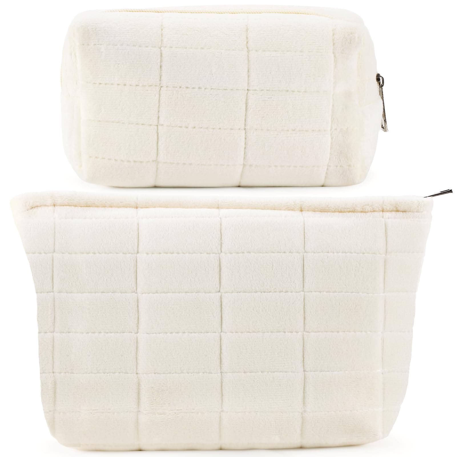 2Pcs Makeup Bag for Women Trendy Large Capacity Cosmetic Bag Plush White Checkered Makeup Pouch for Purse Coquette Zippered Bag Organizer Y2K Aesthetic Accessories Makeup Brushes Storage Bag