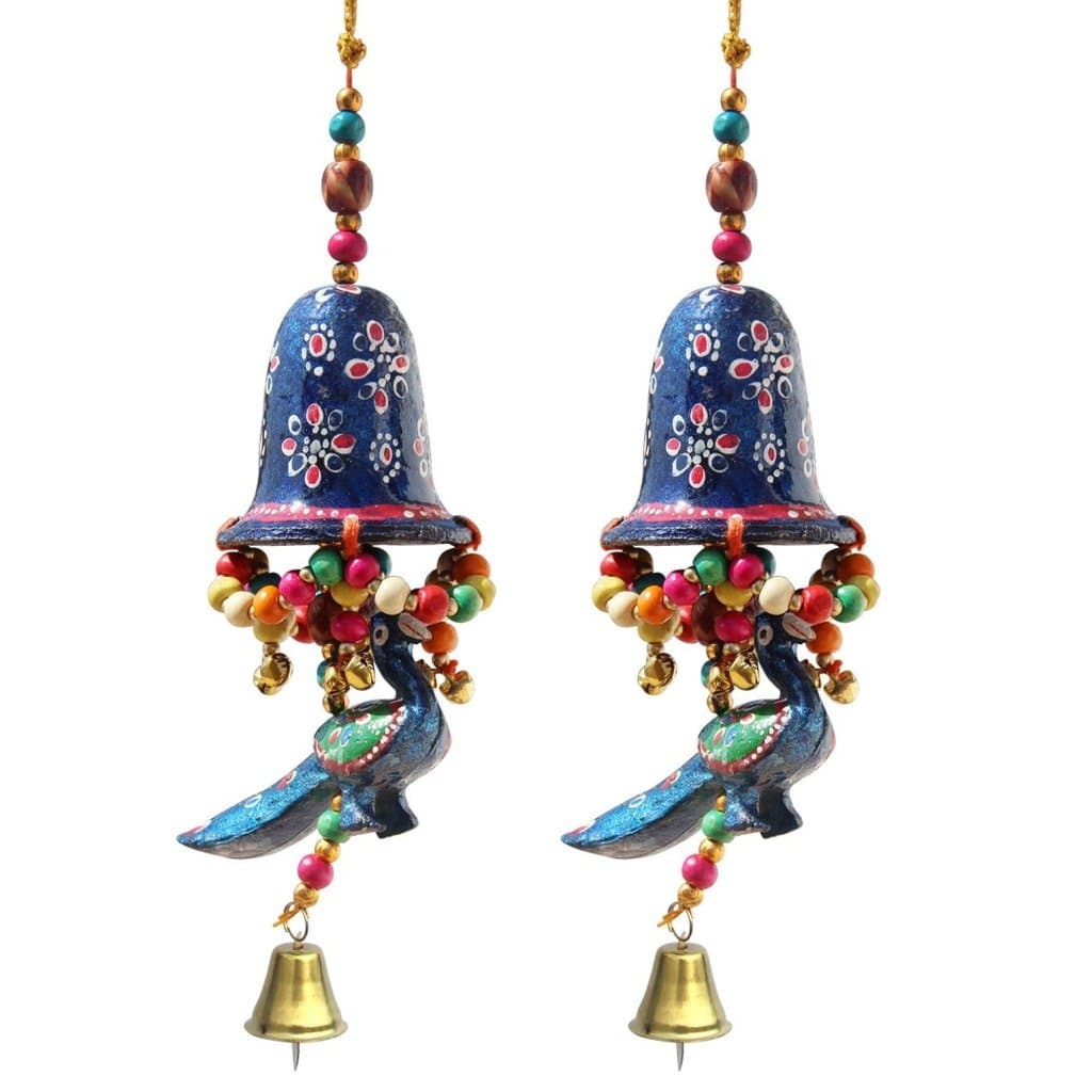 Handicrafts Paradise Door Hanging Blue Painted Bell with Jhalar Blue Peacock with Metal Bell Set of 2