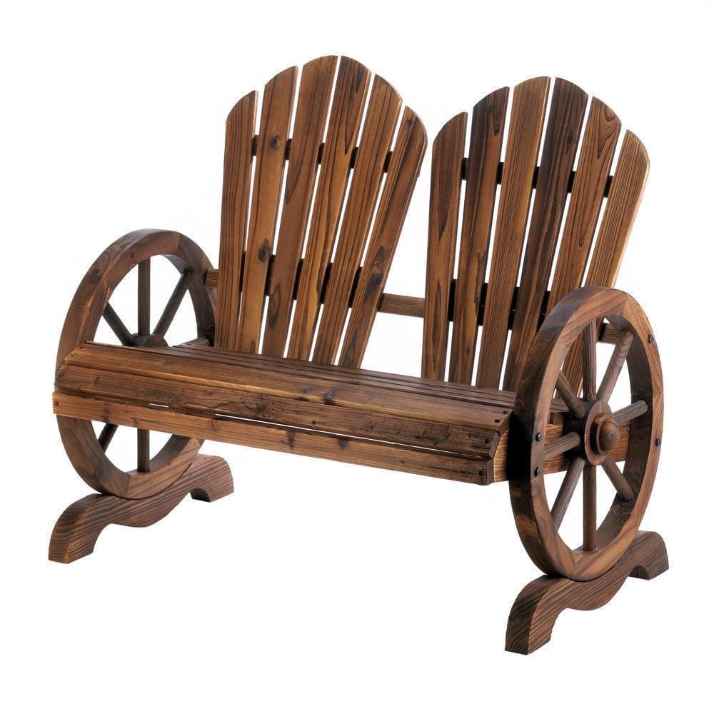 Lana45 Relax Style Outdoor Benches Rustic Wagon Wheel Couple's Bench Chair with Flared Backs
