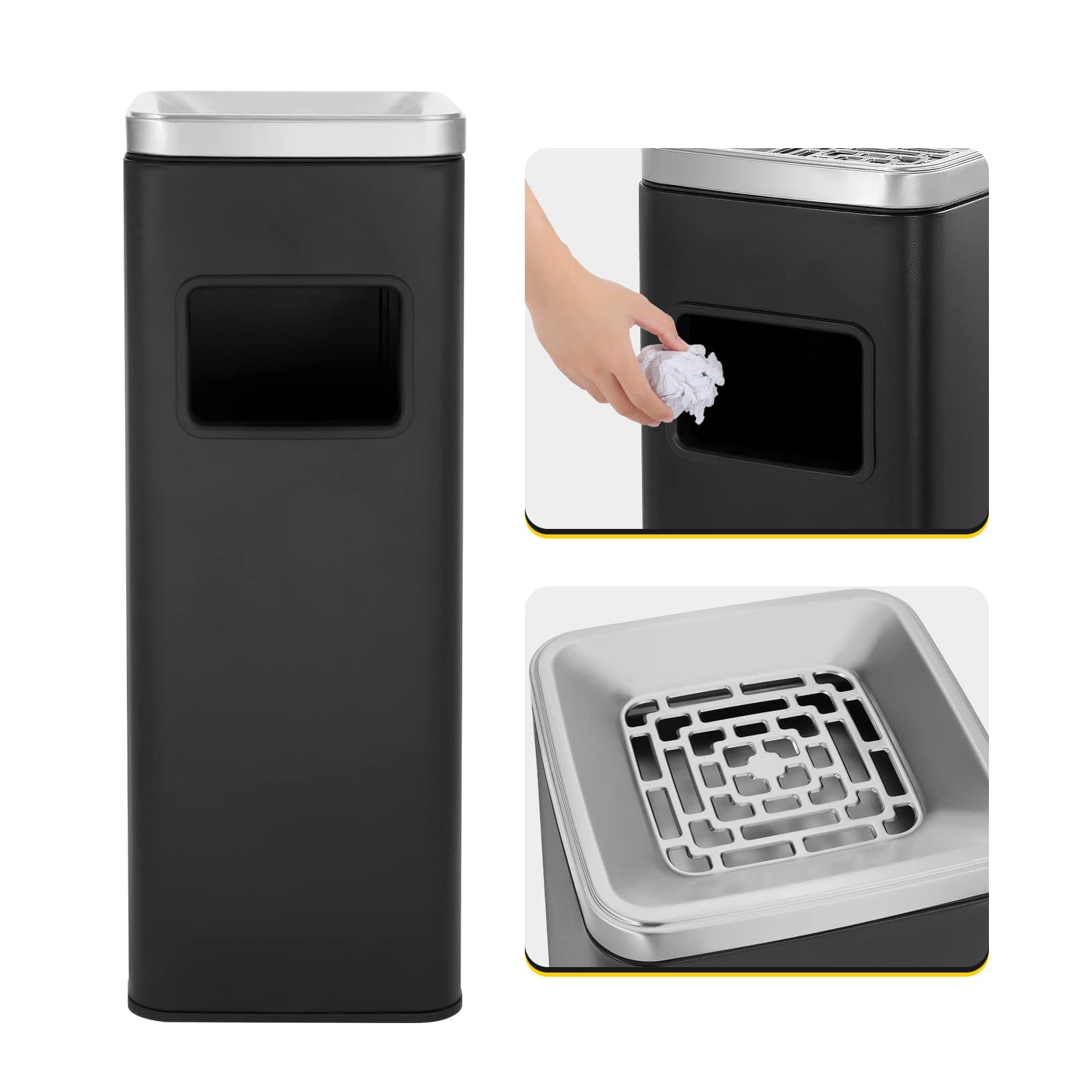 Dyna-Living Stainless Steel Trash Can Outdoor Commercial Garbage Can Large Trash Bin for Home Use Industrial Waste Container, Square Black