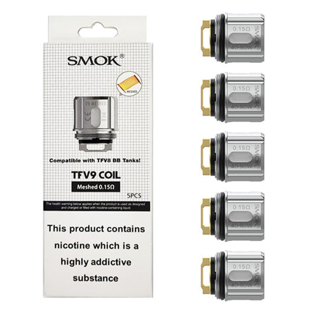 Smok TFV9 Replacement Coils – Pack of 5, High-Performance 0.15 Ohm Mesh Coils for Intense Flavor & Dense Vapor | Durable, Easy to Install Design | Perfect Fit for Smok TFV9 Sub-Ohm Tank