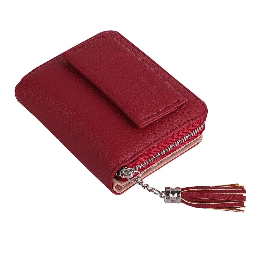 Women Small Wallet, Lady's Mini Wallet RFID Blocking Bifold Leather Multi-purpose Wallet with ID Window（wine red）