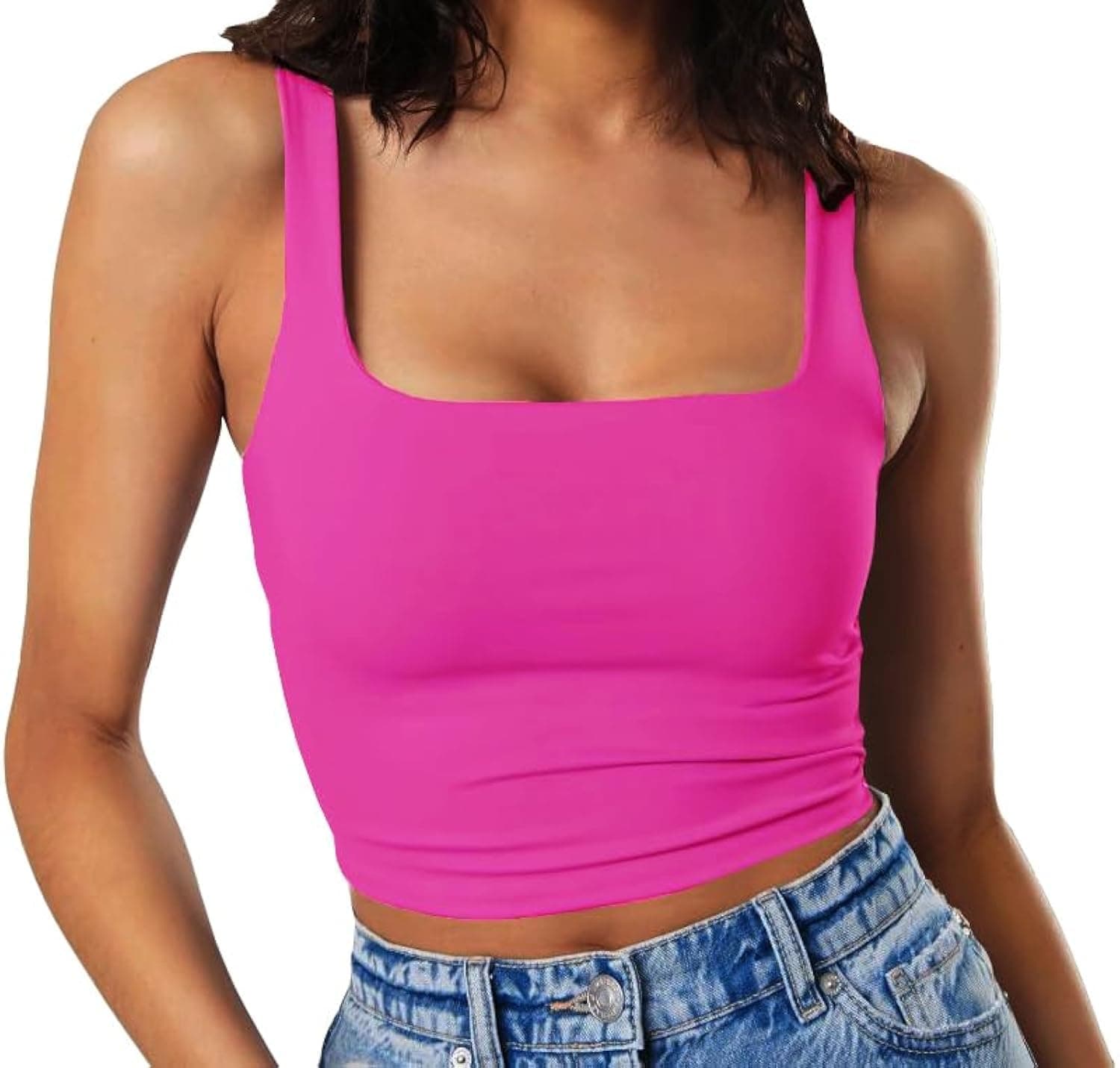 Women's Sleeveless Strappy Tank Square Neck Double Layer Workout Fitness Casual Basic Crop Tops