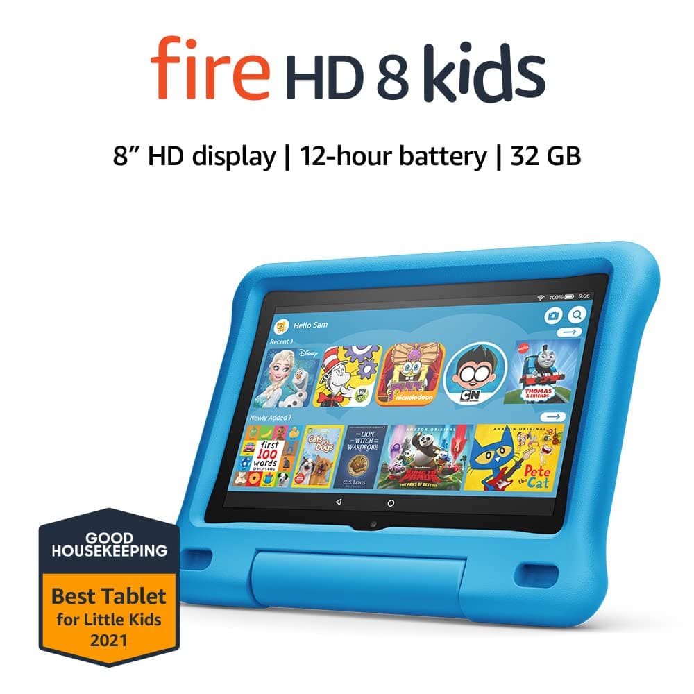 Fire HD 8 Kids tablet, 8" HD display, ages 3-7, 32 GB, includes a 1-year subscription to Amazon Kids+ content, Blue Kid-Proof Case, (2020 release)