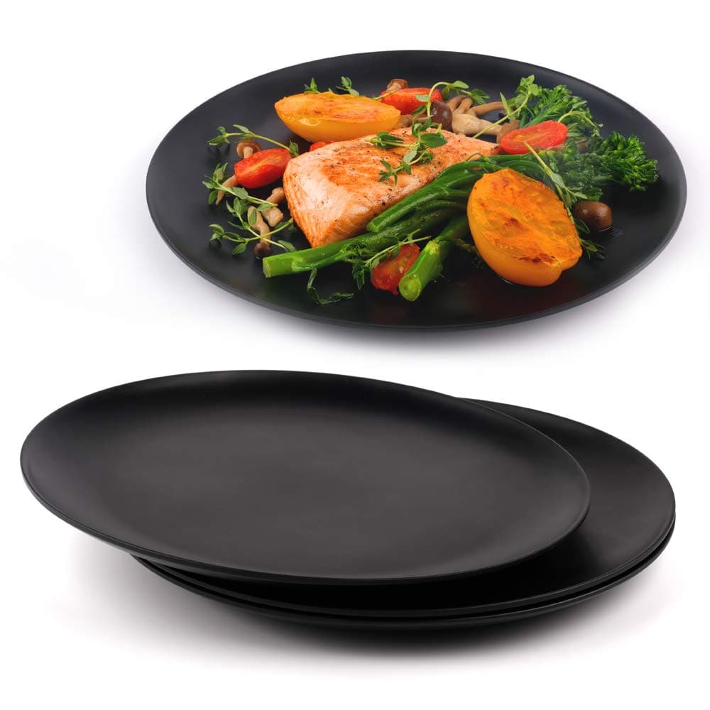 Black Dinner Plates Set of 4, Kitchen Plates, Matte Black Plates, Modern Dinner Plates, Dishwasher Safe Plates, Unbreakable Dinnerware, Bamboo Fiber, 10 Inch, Lightweight, Sustainable, Microwavable