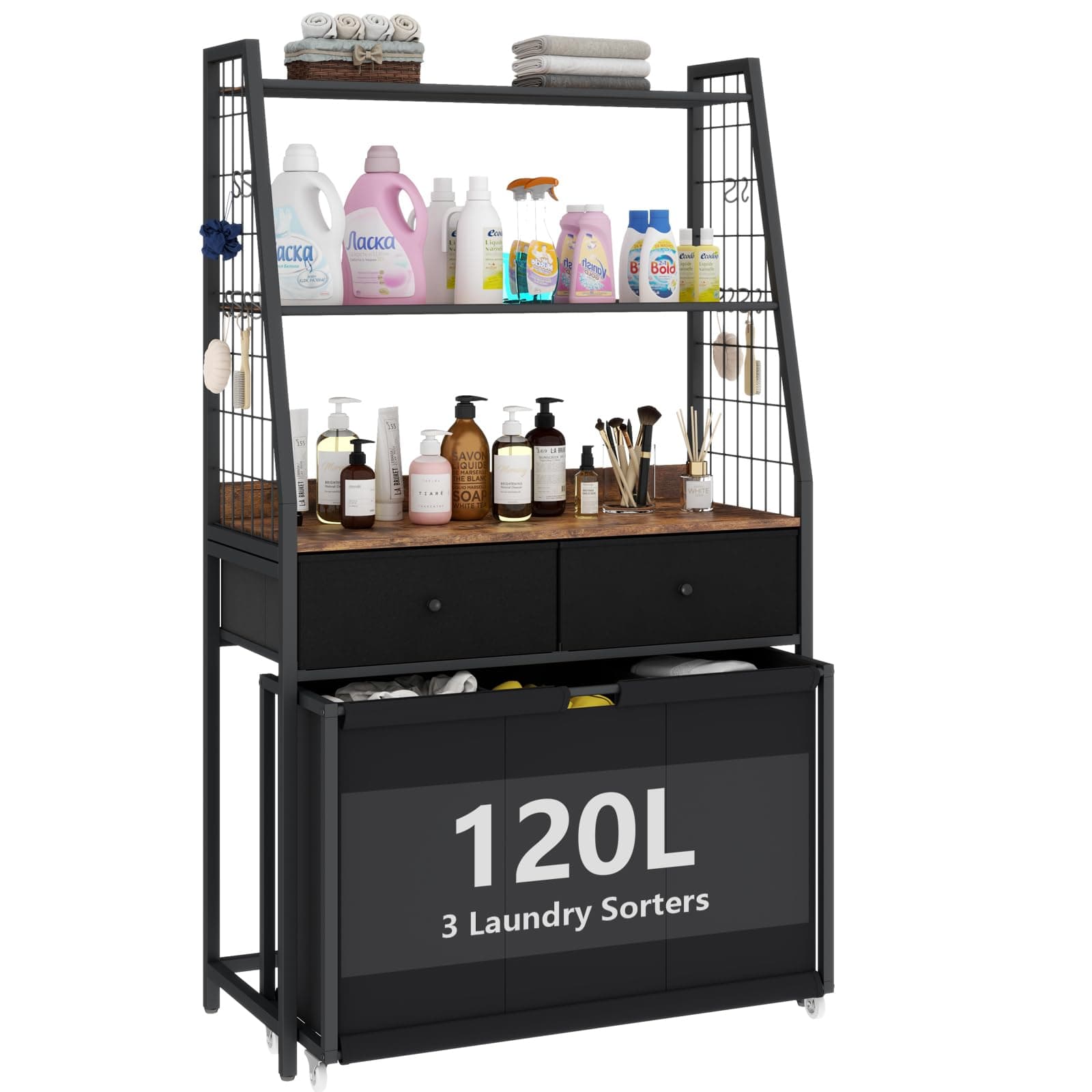 Laundry Hamper Laundry Basket with 3 Section Pull-Out Rolling Bags & 2-Tier Storage Shelf, Laundry Sorter for Organization and Storage with 2 Drawers for Laundry Room, Bathroom