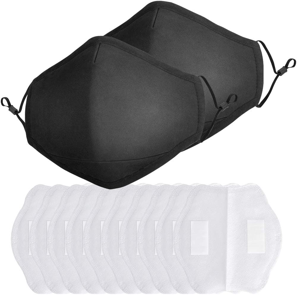 2 Pack Cotton Cloth Face Mask with 10 Pcs Filter, Reusable Washable Breathable Protection Masks with Adjustable Ear Loop for Teens and Adults - Black 2 Pack
