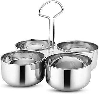 Mintage Saag Daan Steel with Handle 4 Compartments Sagdan | Big Size Saag Daan Steel Stainless Chaumukh | Heavy Gauge Double Serving Bowl with Handle | Home & Kitchen Storage Bowls