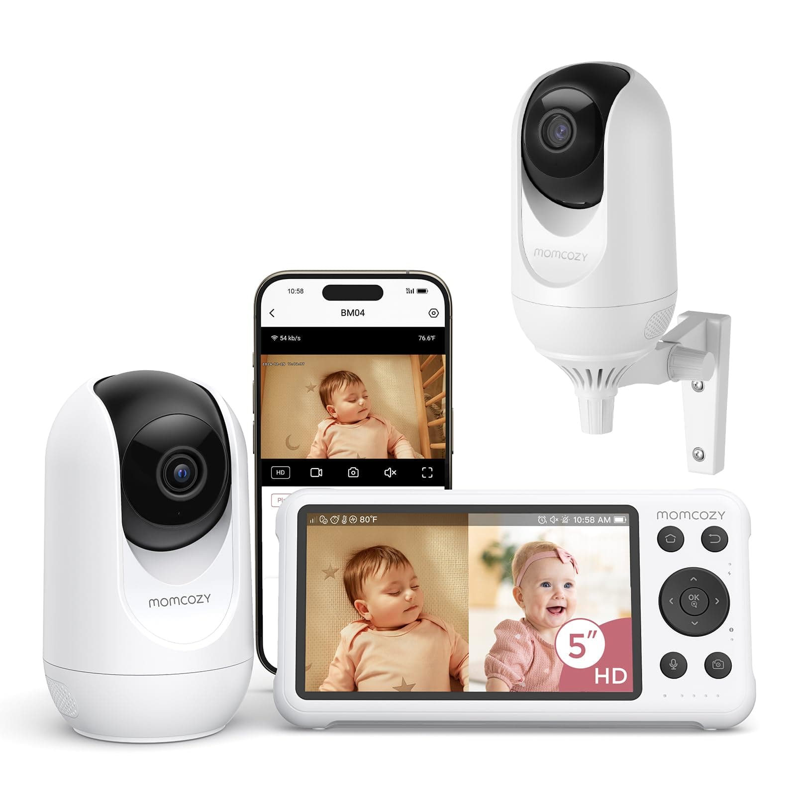 BM04 Smart WiFi Baby Monitor with 2 Cameras, 5’’ 1080P Split Screen Video Baby Monitor with Camera and Audio, Clear Night Vision, 5000mAh Battery, 2-Way Audio