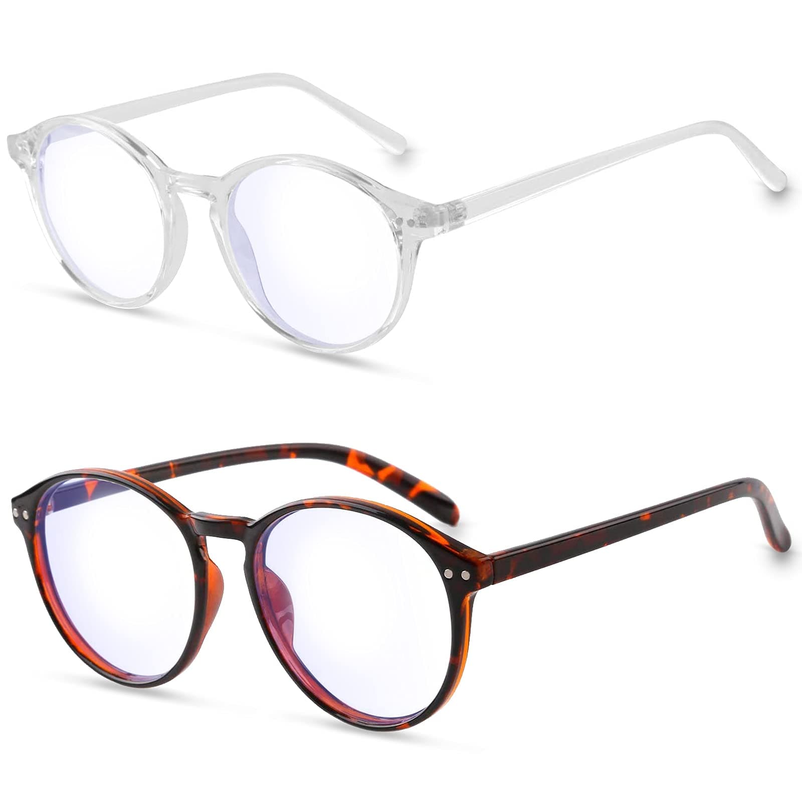 Elimoons 2 Pack Blue Light Blocking Glasses Round Stylish HD Clear Lens Glasses, PC Gaming Computer TV Gogy Glasses, Anti Eyestrain/Glare/Headache Eyeglasses for Women Men (Leopard/Transparent)