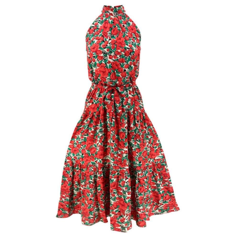 YUANCHENG Women Print Vadim Halter Sun dress Sleeveless Loose Party Floor-Length Dress,Red,L