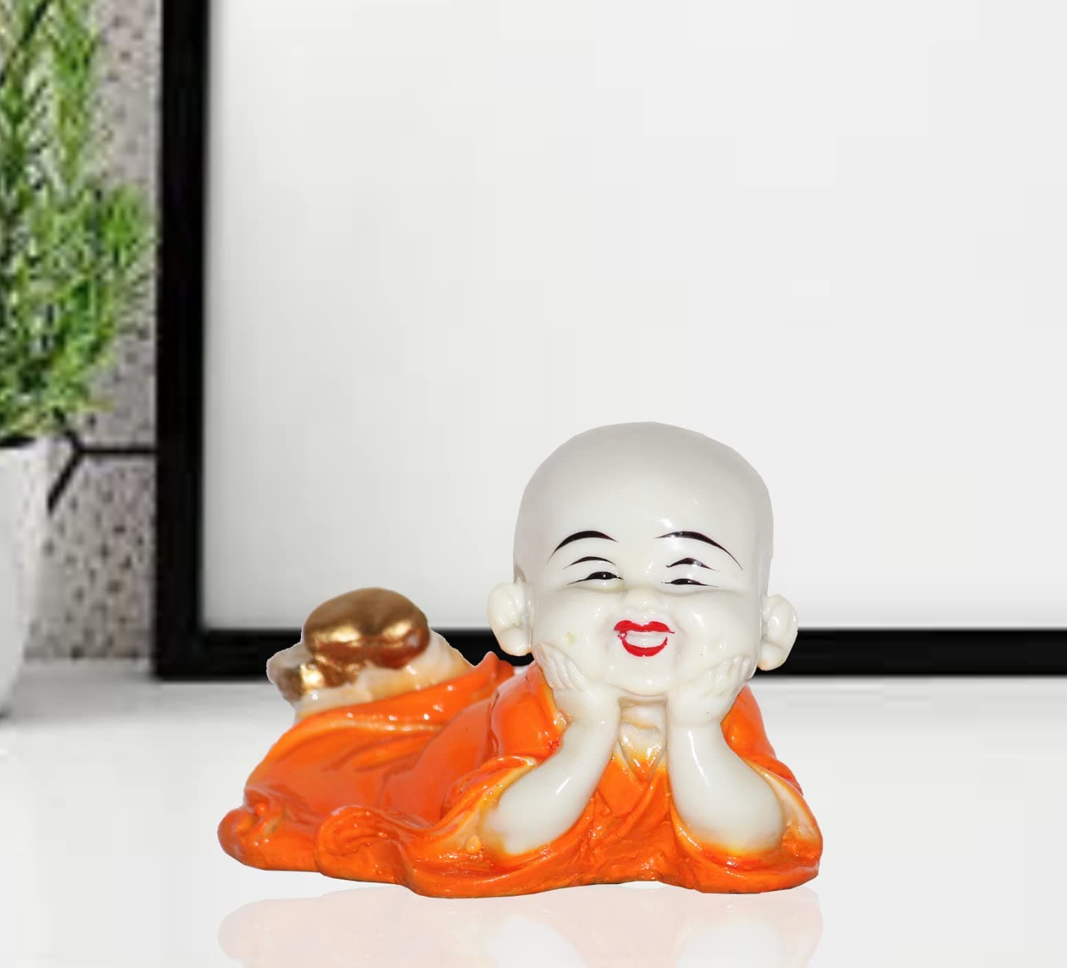 Miss Peach Handcraft Little Cute Child Monk Showpiece Laughing Baby Buddha for Good Luck - Symbol of Positivity Decorative Showpiece (Resin, Multicolour)