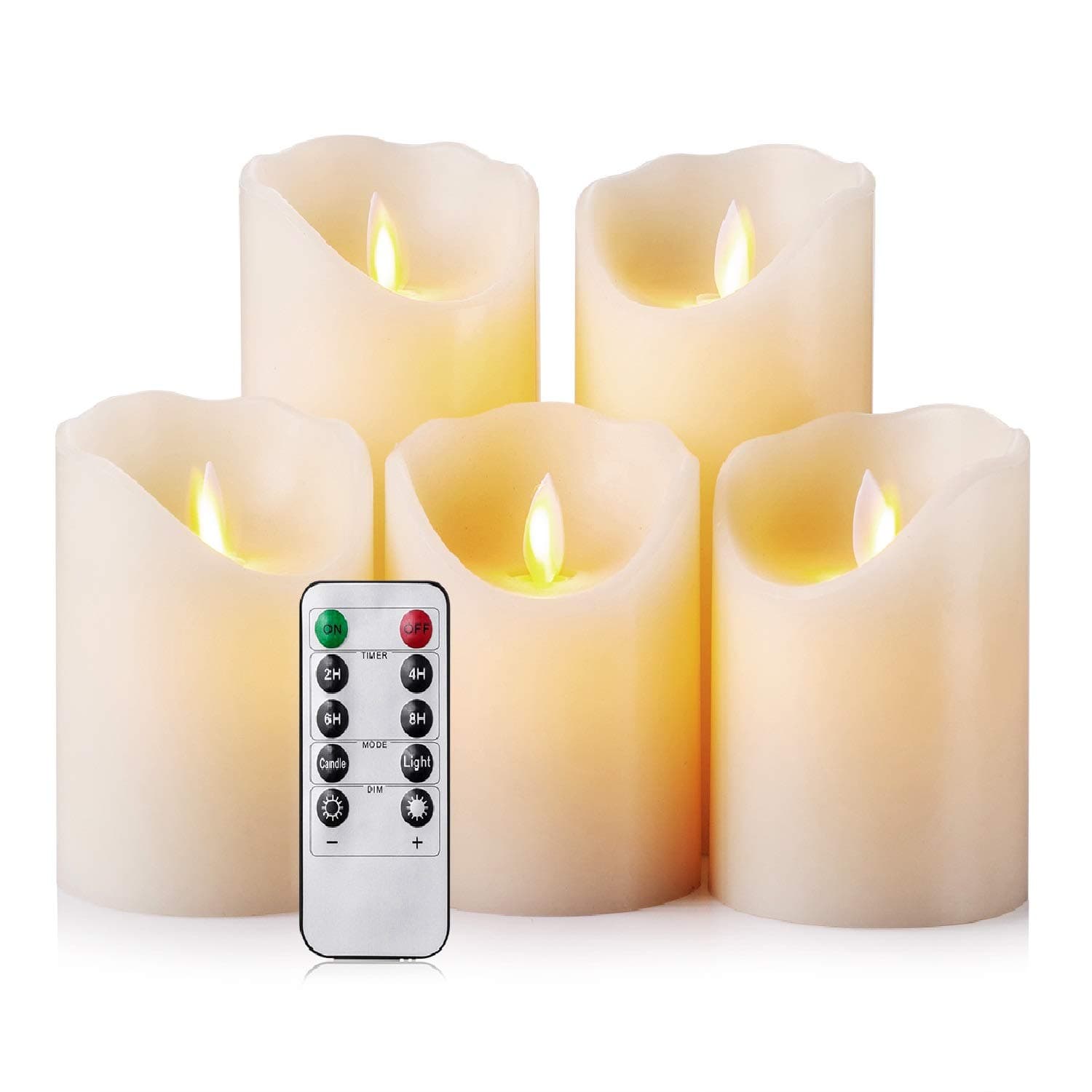 Flameless Candles LED Candles Realistic Moving Set of 5 Ivory Battery Candles Real Wax Pillar with 10-Key Remote Control Timer- 2/4/6/8 Hours