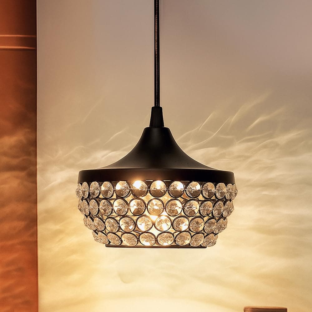 Homesake Crystal Pendant Light - Modern Black Hanging Ceiling Lamp with Sparkling Crystals, Decorative Lighting for Dining Room, Living Room, Bedroom, Kitchen Island - Elegant Chandelier Style(Black)