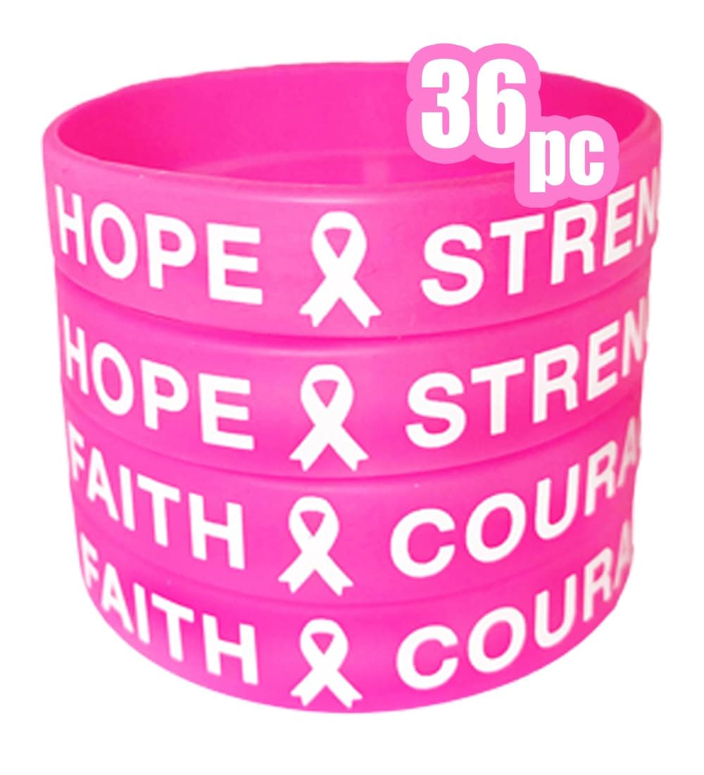 AISENO 36 Pcs Breast Cancer Awareness Pink Ribbon Bracelets Rubber Wristbands Strength Hope Faith Courage Party Wristband Supplies Unisex