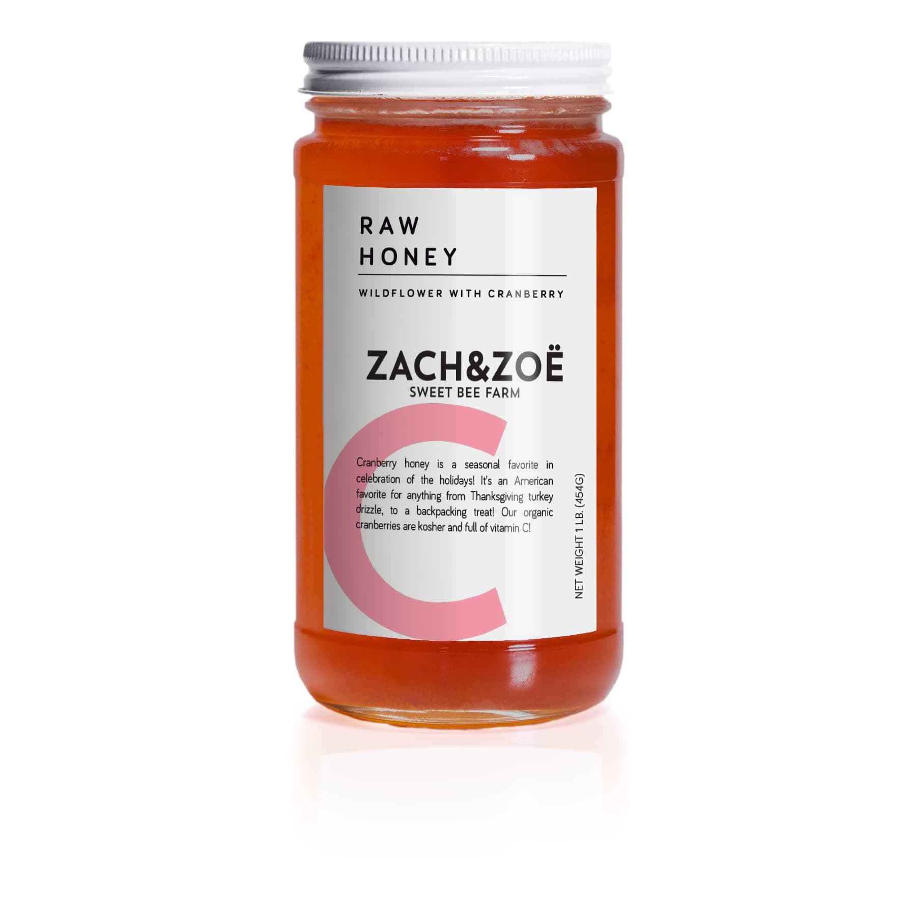 Unfiltered Raw Honey by Zach & Zoe Sweet Bee Farm – (1) 16 Ounce Jar of Honey with Cranberry - Pure Farm Raised Honey with Powerful Anti-oxidants, Amino Acids, Enzymes, and Vitamins!