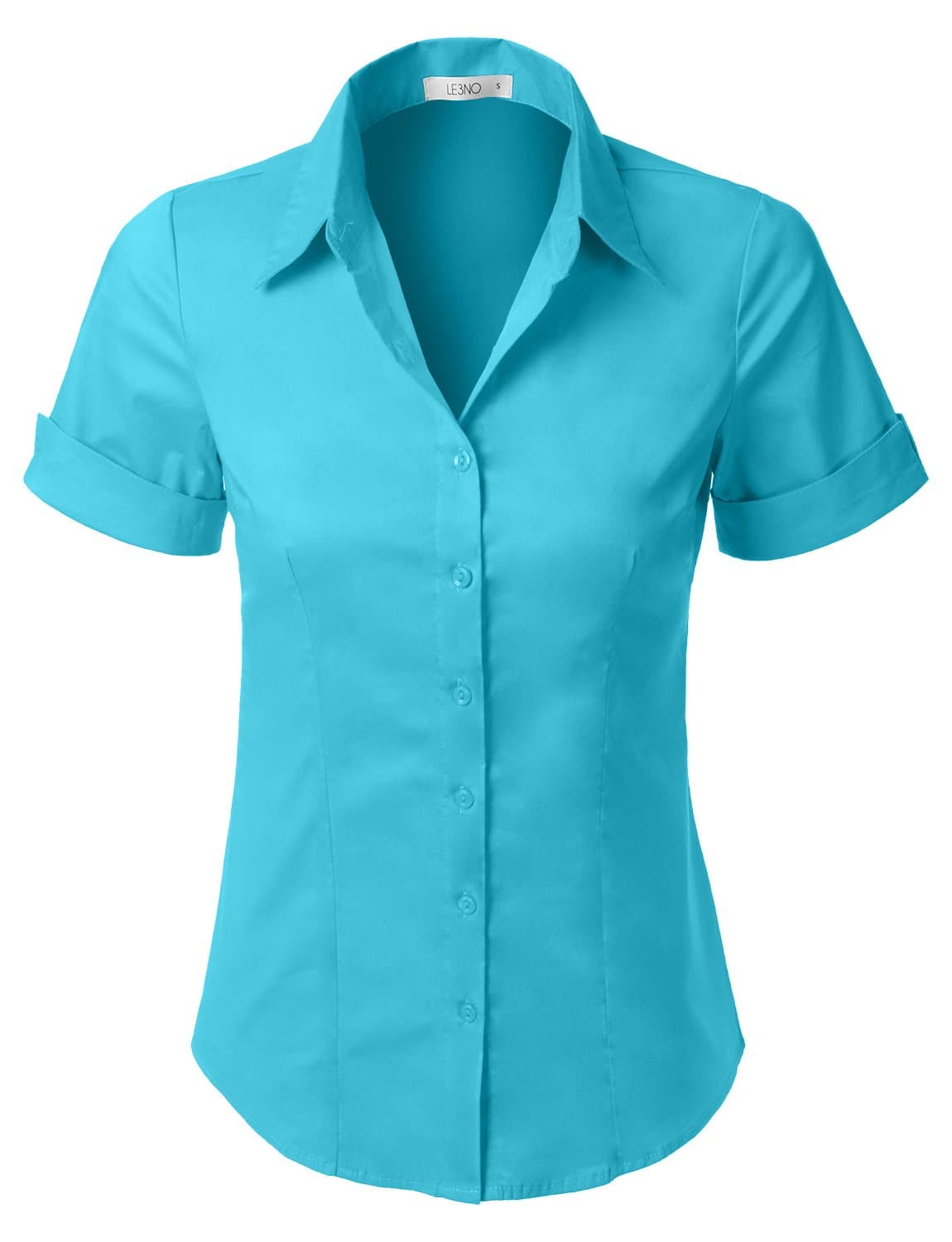 LE3NO Womens Tailored Short Sleeve Button Down Shirt with Stretch