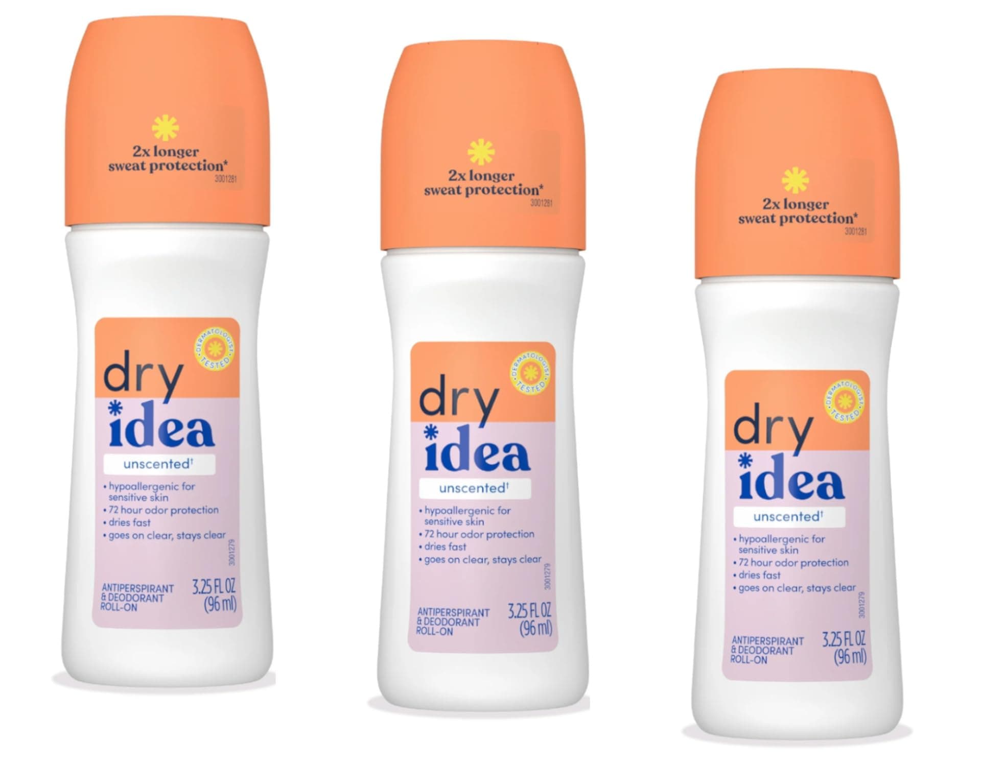 Dry Idea Anti-Perspirant Deodorant Roll-On Unscented 3.25 oz (Pack of 3)